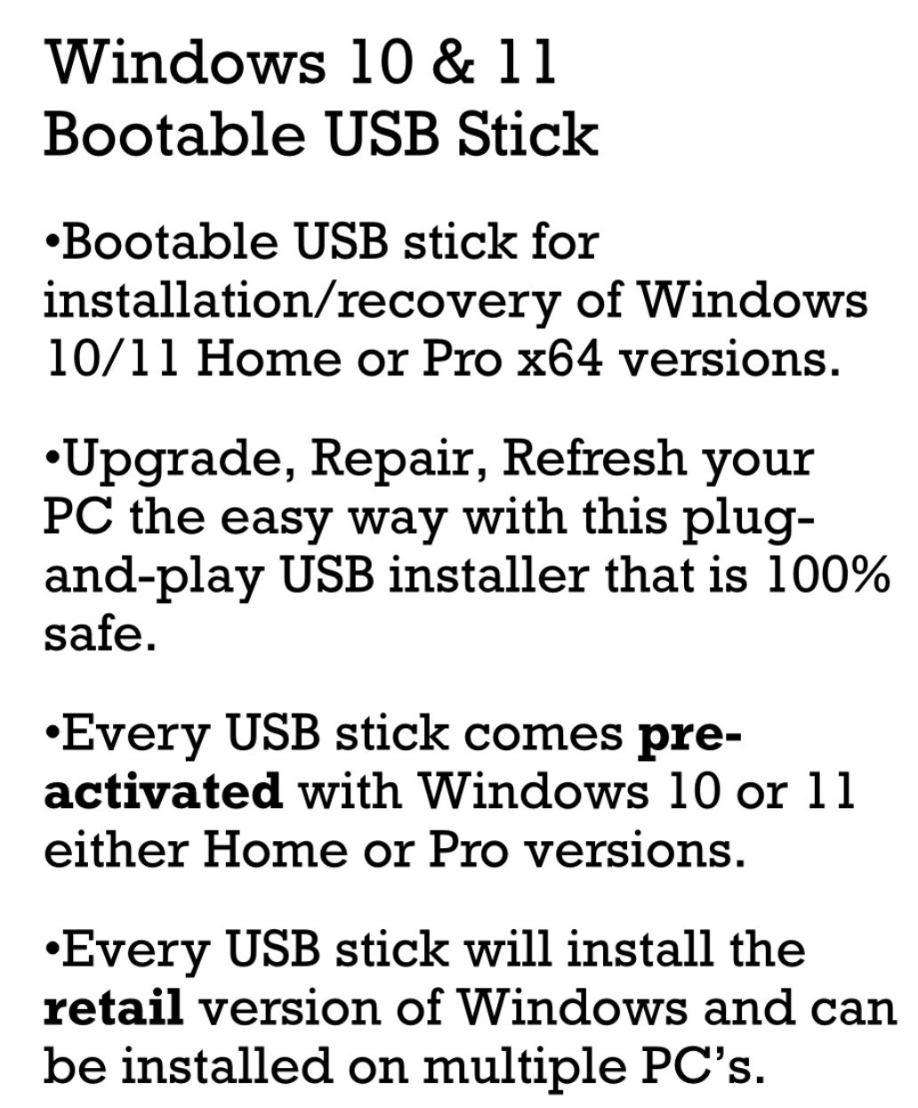Microsoft Windows 10 or 11 (Home/Pro) x64 Retail Bootable USB stick