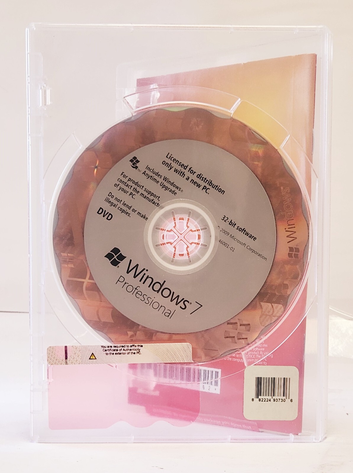 MICROSOFT WINDOWS 7 PRO 32 BIT SP1 OEM SYSTEM BUILDER PACK, W/ COA KEY (USED)