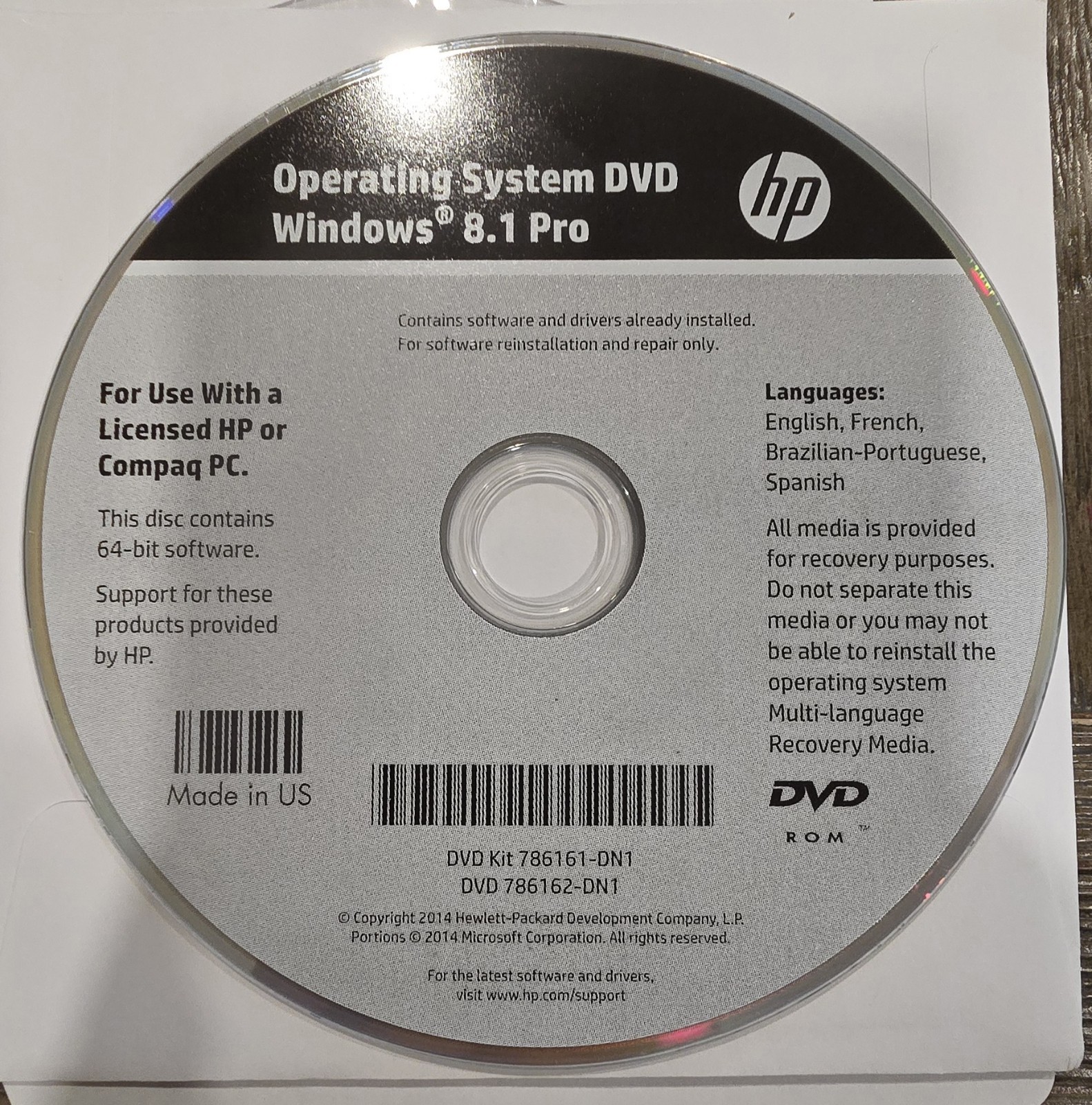 HP Operating System DVD Windows 8.1 Pro SP1 64-bit DVDKIT 786161-DN1 No PROD KEY