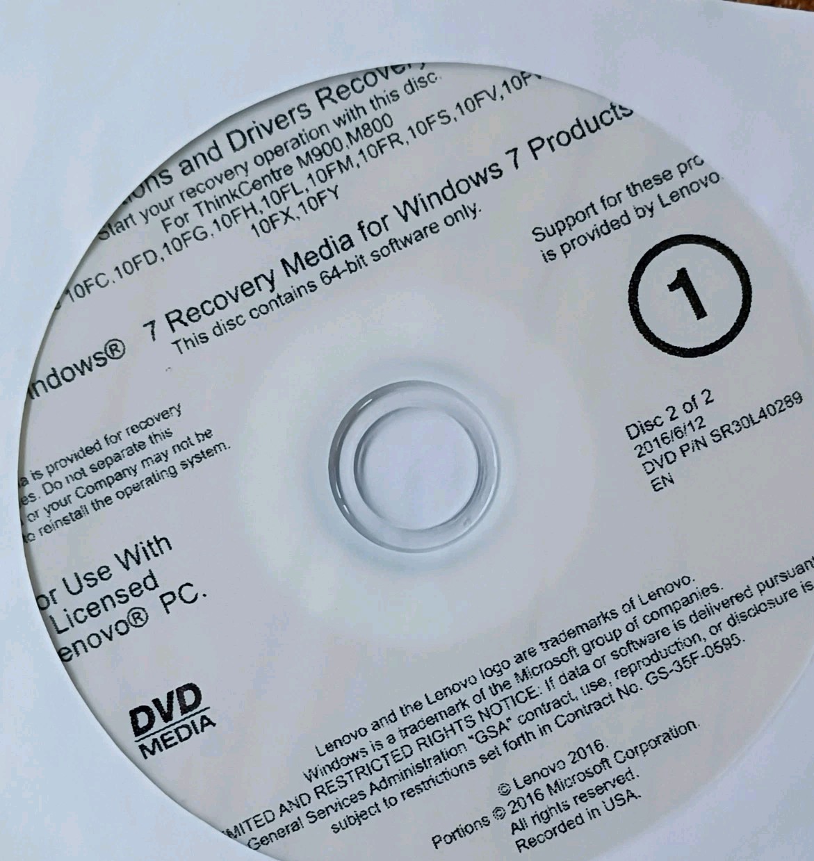 Genuine Lenovo Recovery (Reinstallation) DVD Set For Windows 7 Professional