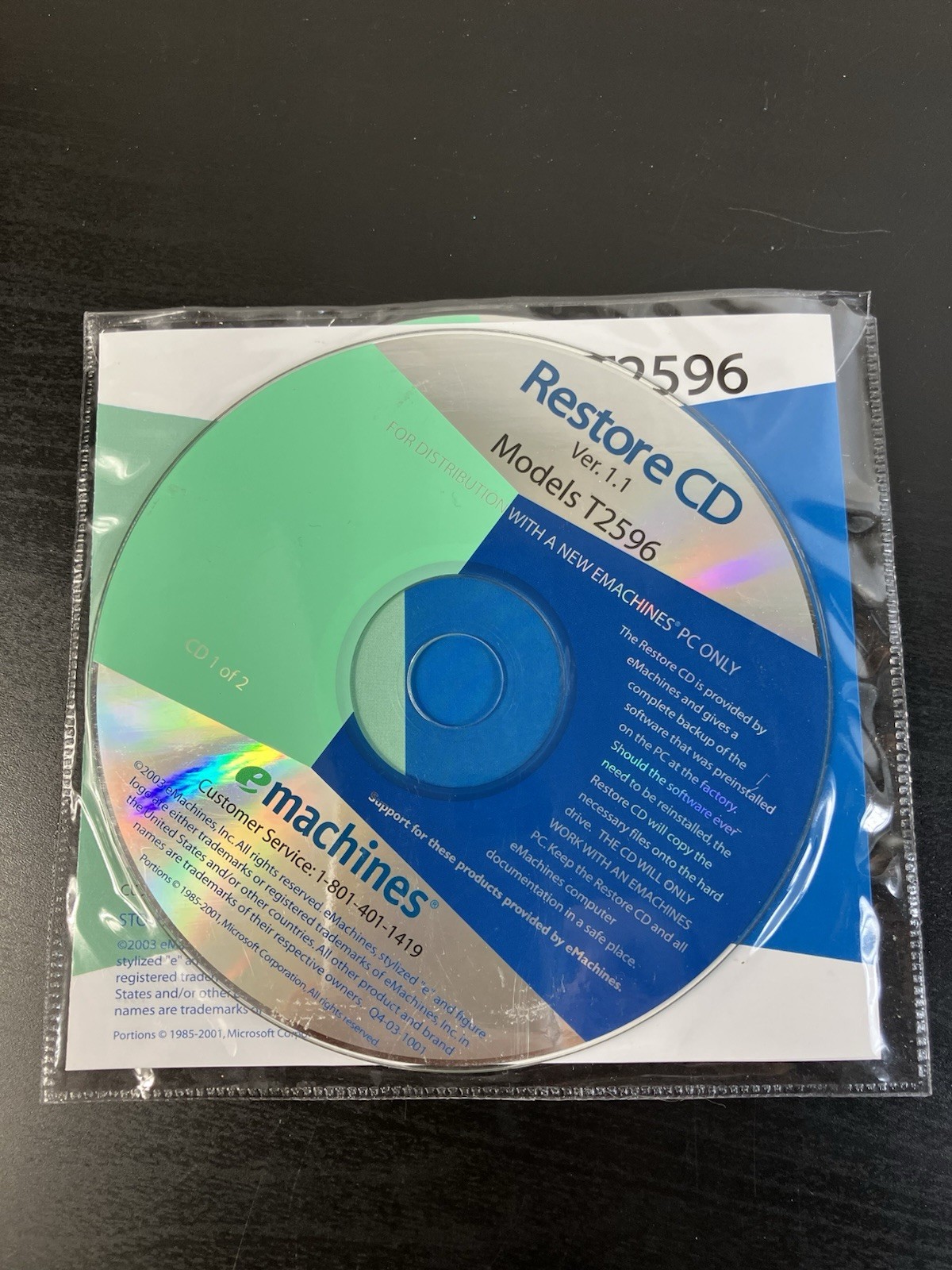 eMachines Restore CD Version 1.1 Model T2596 – 2 Disc Set for Desktop PC