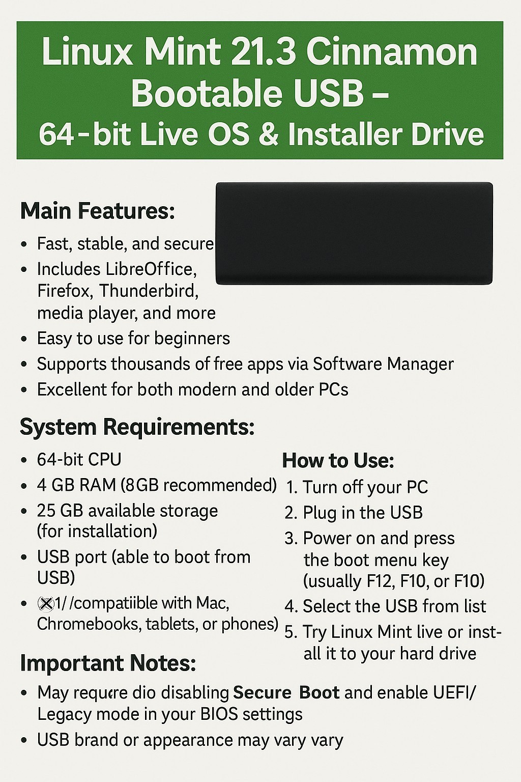 Linux Mint 21.3 Cinnamon Bootable USB – 64-bit Live OS & Installer Drive