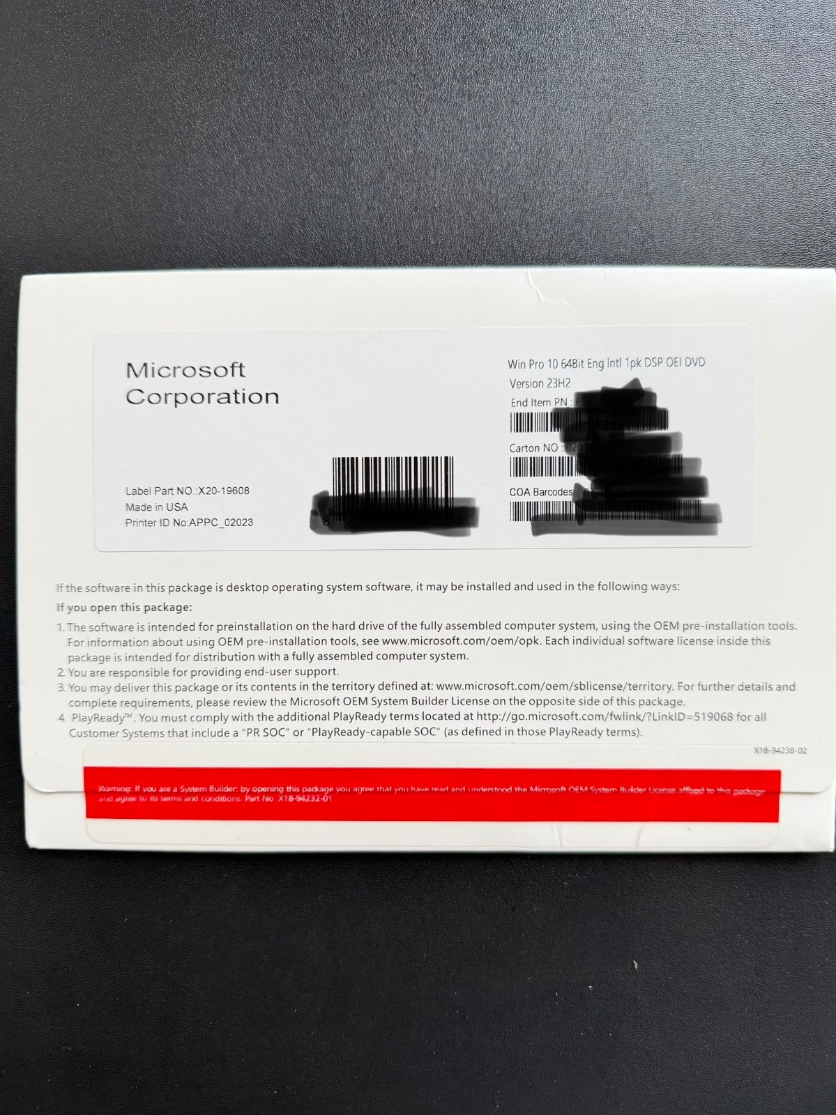 Microsoft Windows 10 Pro 64-Bit OEM System Builder DVD Version 23H2 Factory Seal