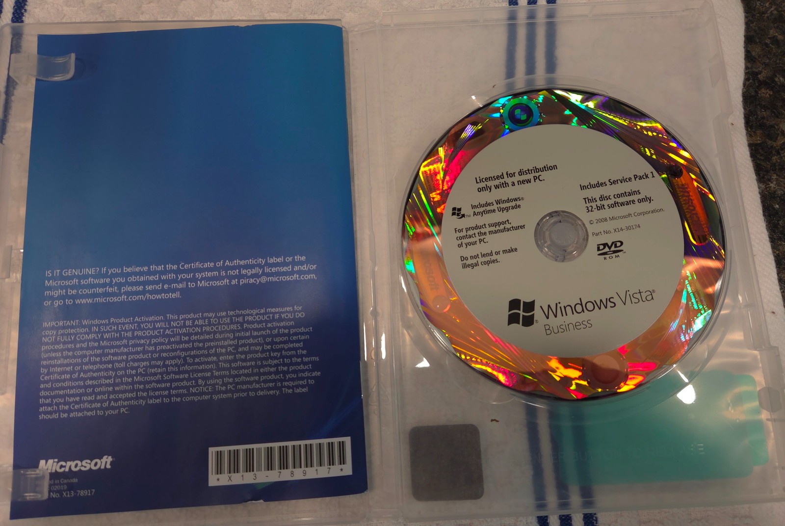 Microsoft Windows Vista Business SP1 DVD 32-Bit 66j-05542 +Windows Anytime Upg