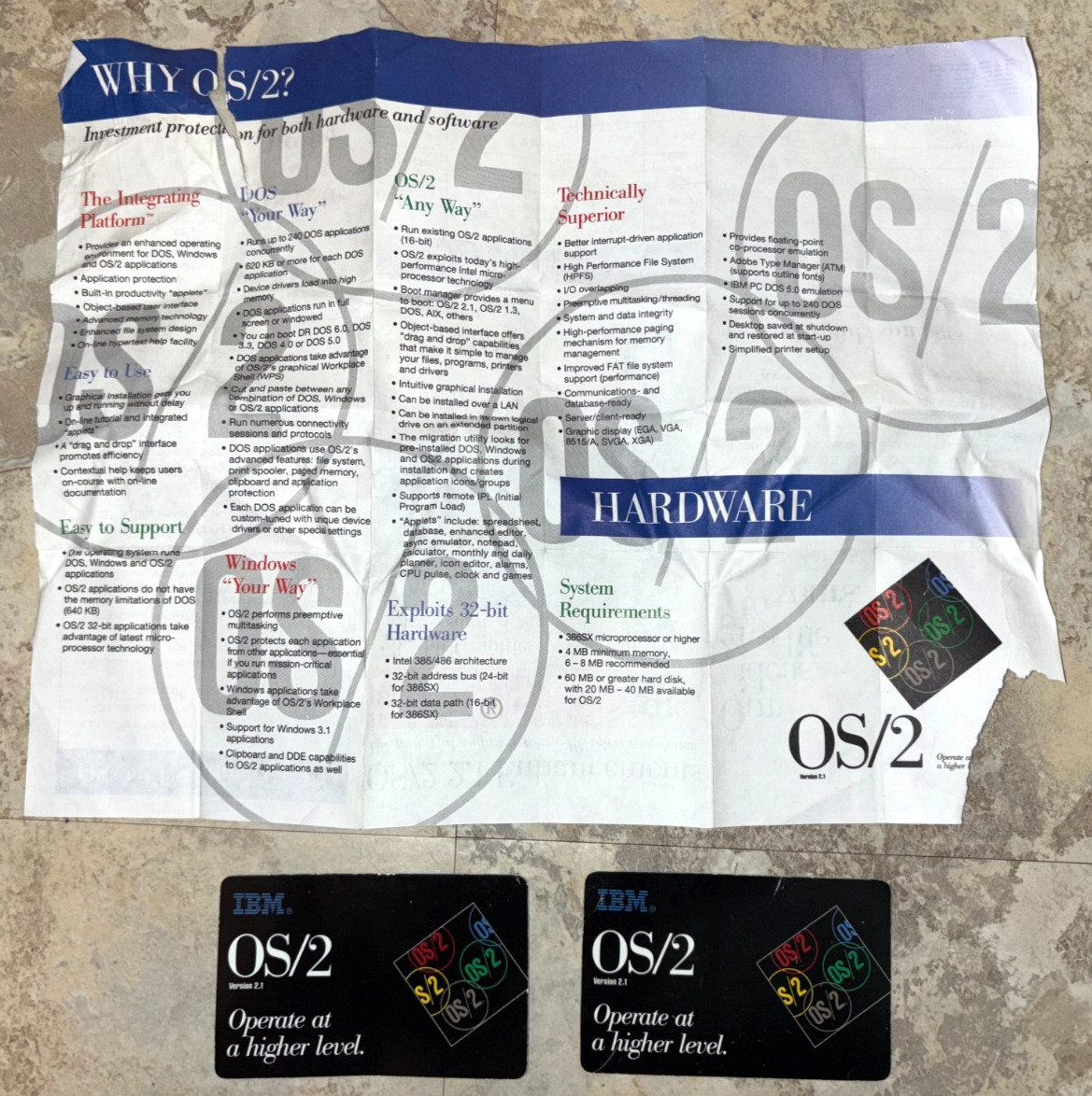 (2) Vintage IBM OS/2 v2.1 1993 Marketing Business Cards + Promo Paper