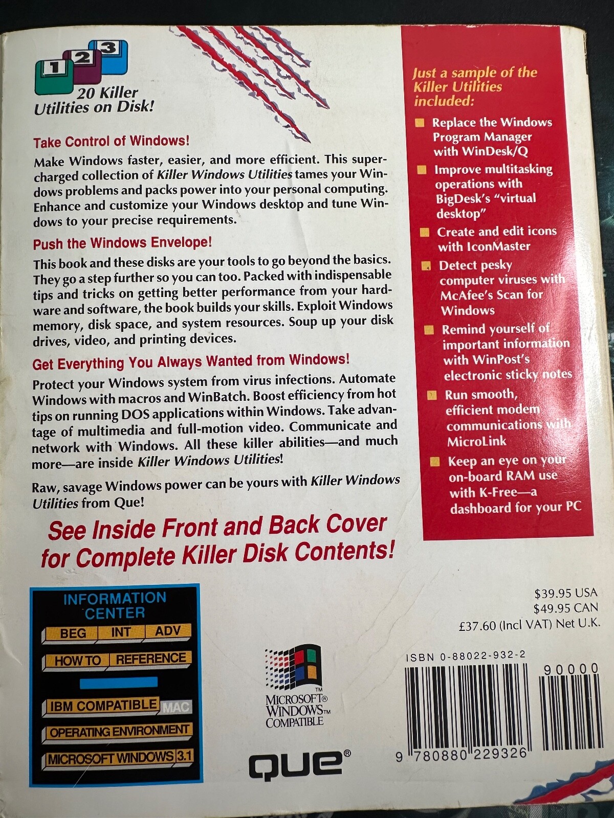 Killer Windows Utilities Microsoft 1993 Retro Floppy Disk QUE Windows