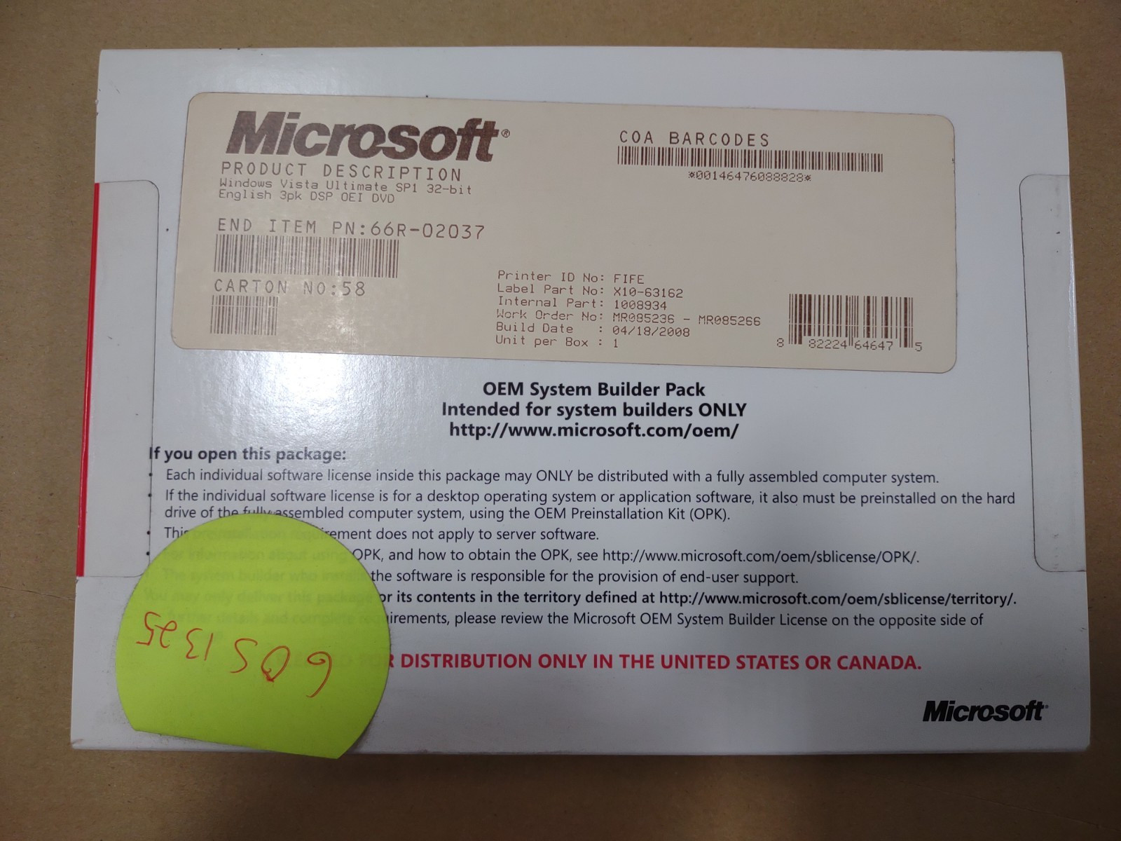 VISTA ULTIMATE OEM 32BIT DVD SP1 66R-02037