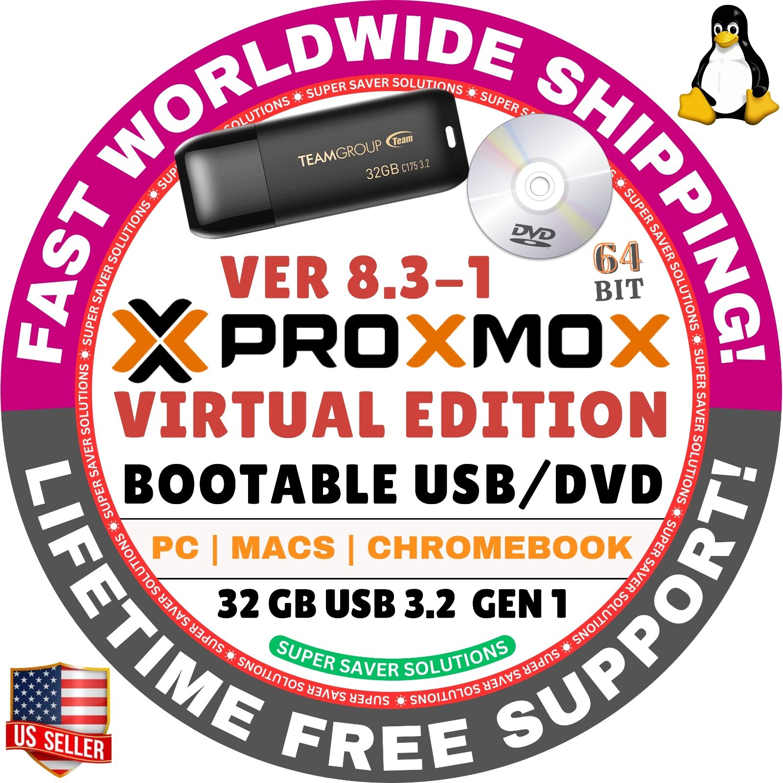 PROXMOX LINUX OS USB / DVD BUILD 23, 25 ALL VERSIONS / 64-BIT / LIVE BOOT MAC/PC