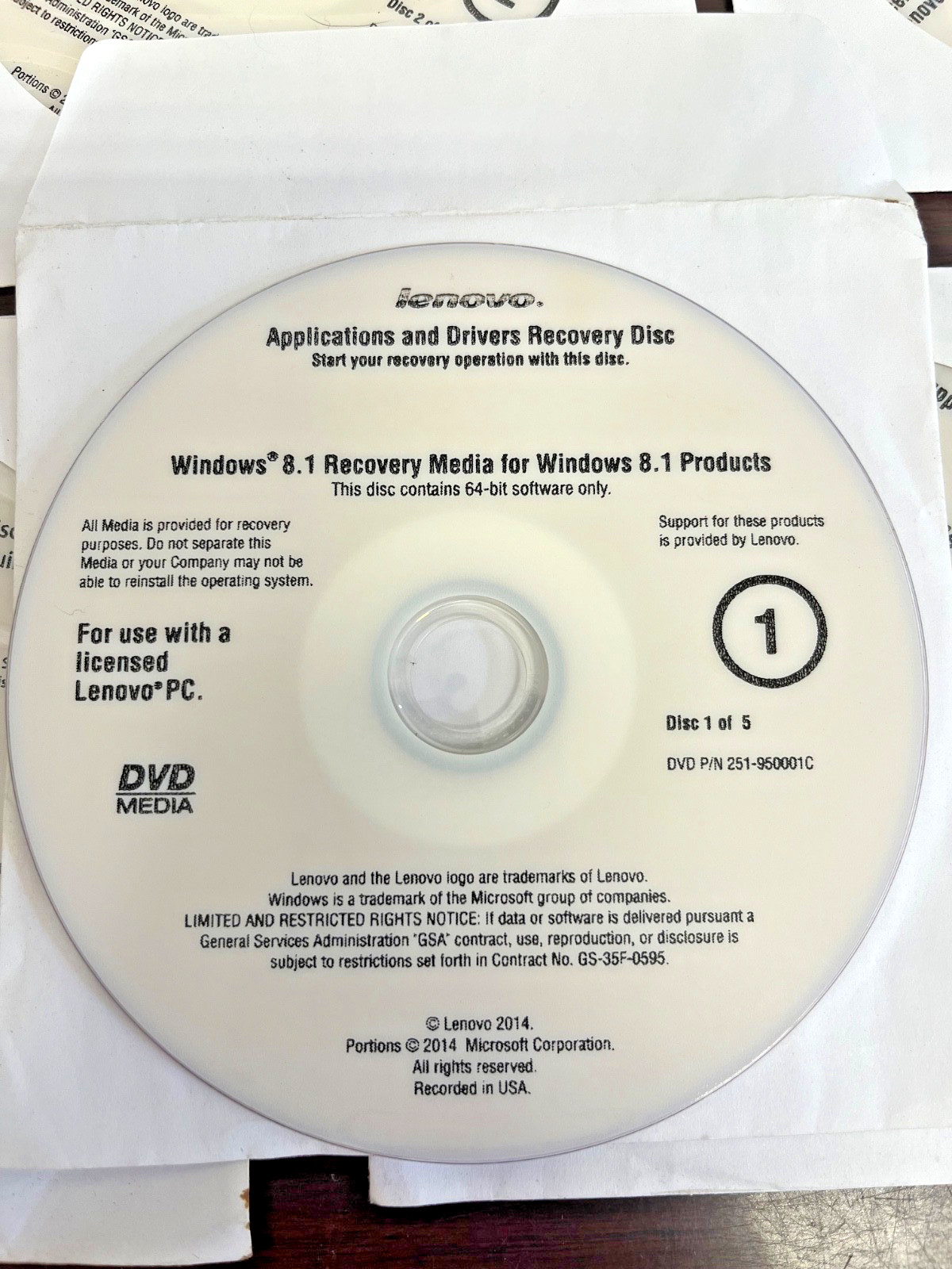 Lenovo Windows 8.1 Recovery Media 5‑Disc Set OEM Restore DVD 45K5006