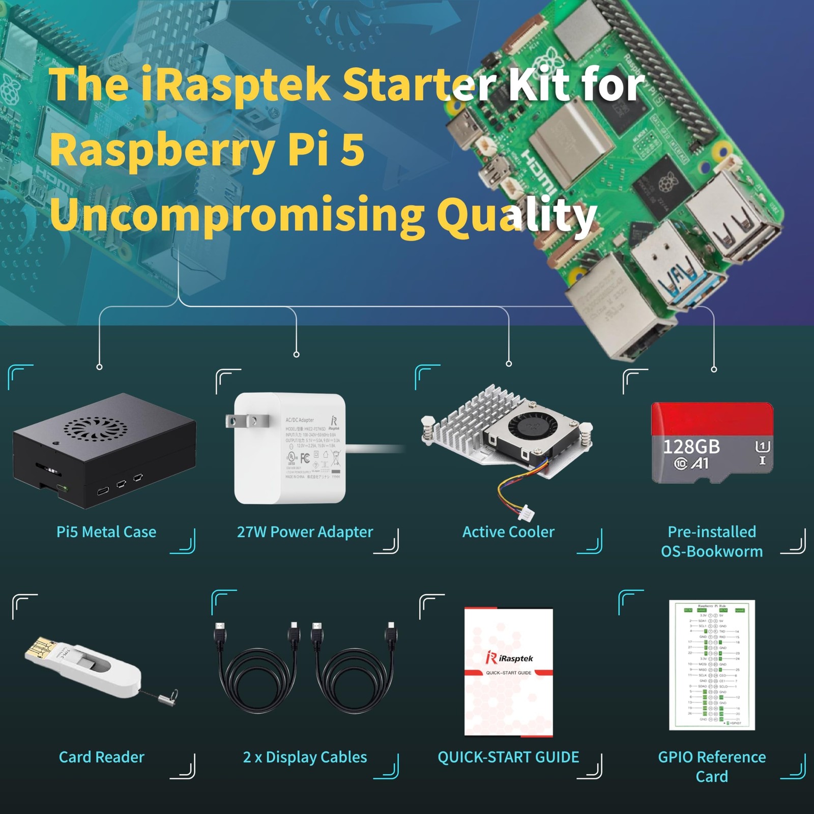 iRasptek Starter Kit for Raspberry Pi 5 RAM 8GB -128GB Edition of OS-Bookworm…