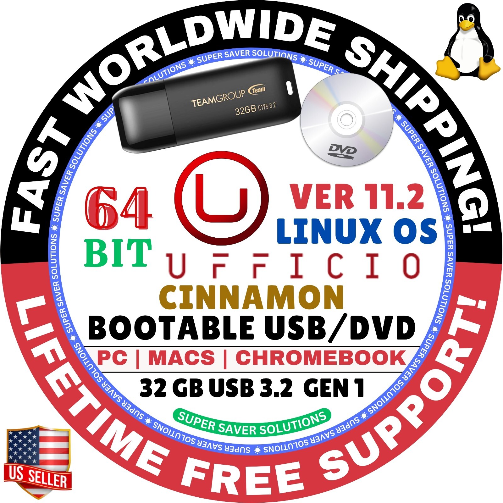UFFICIO ZERO LINUX OS 64BIT Live Boot USB, Full, CINNAMON, KDE, XFCE FOR MAC, PC