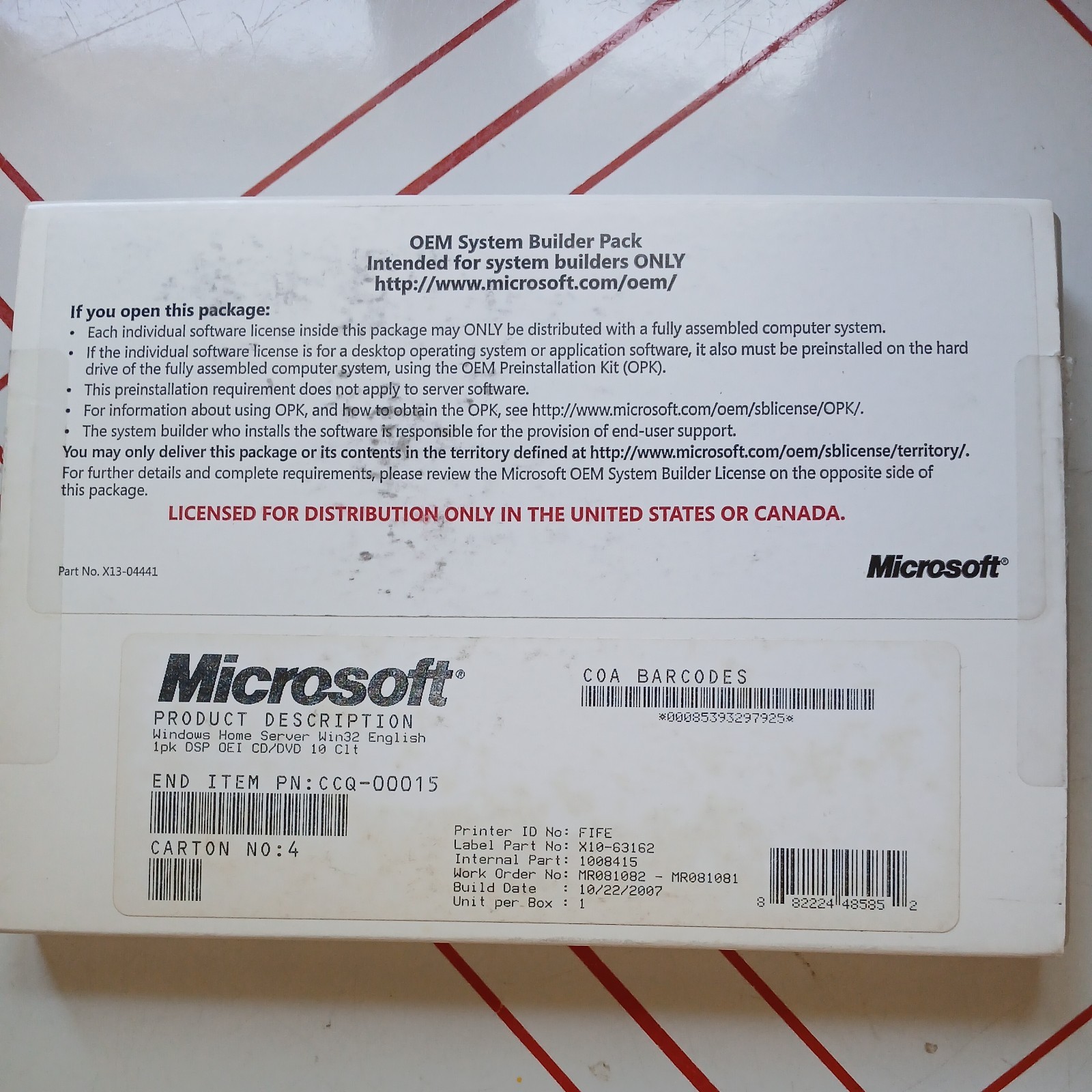 Microsoft Windows Home Server OEM System Builder Pack X10-63162 2007 Bit
