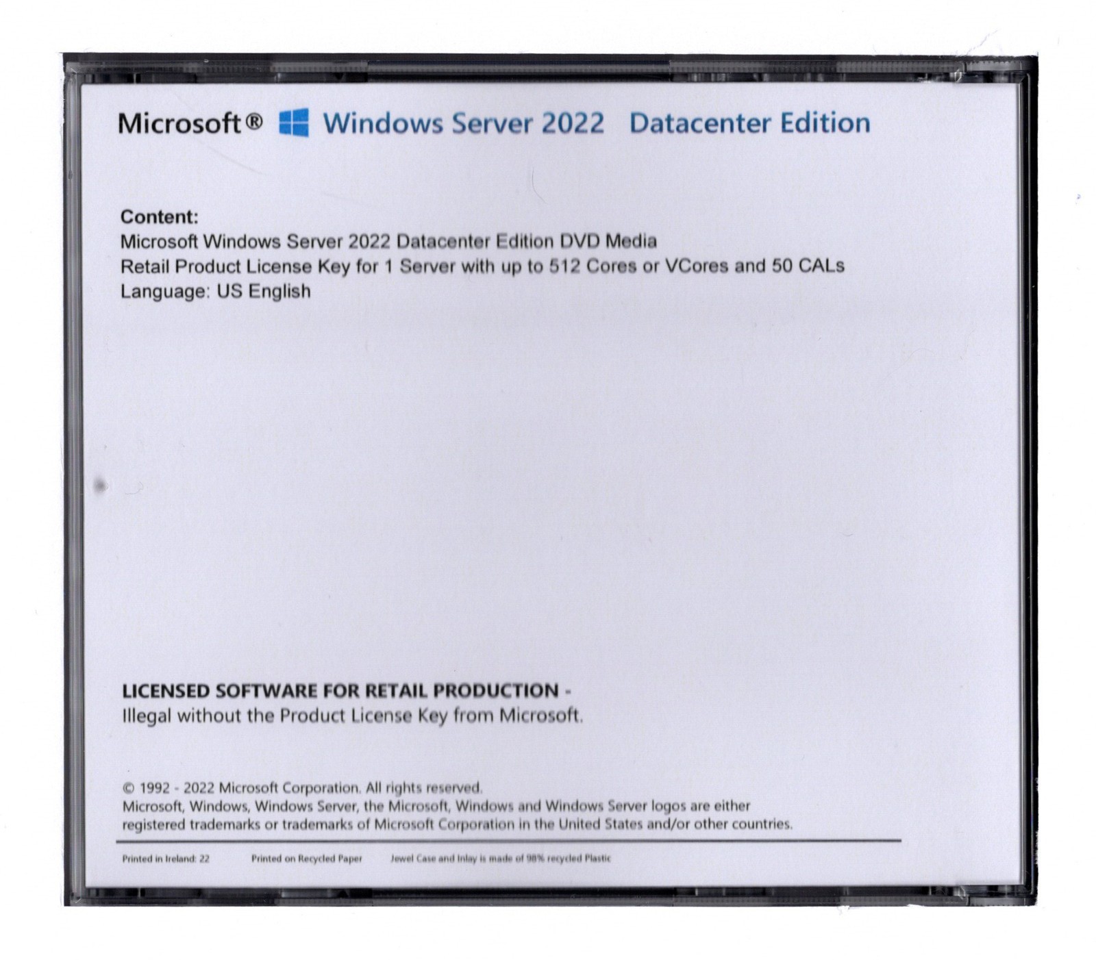 Windows Server 2022 Datacenter Edition with 50 CALs. Retail License, English.