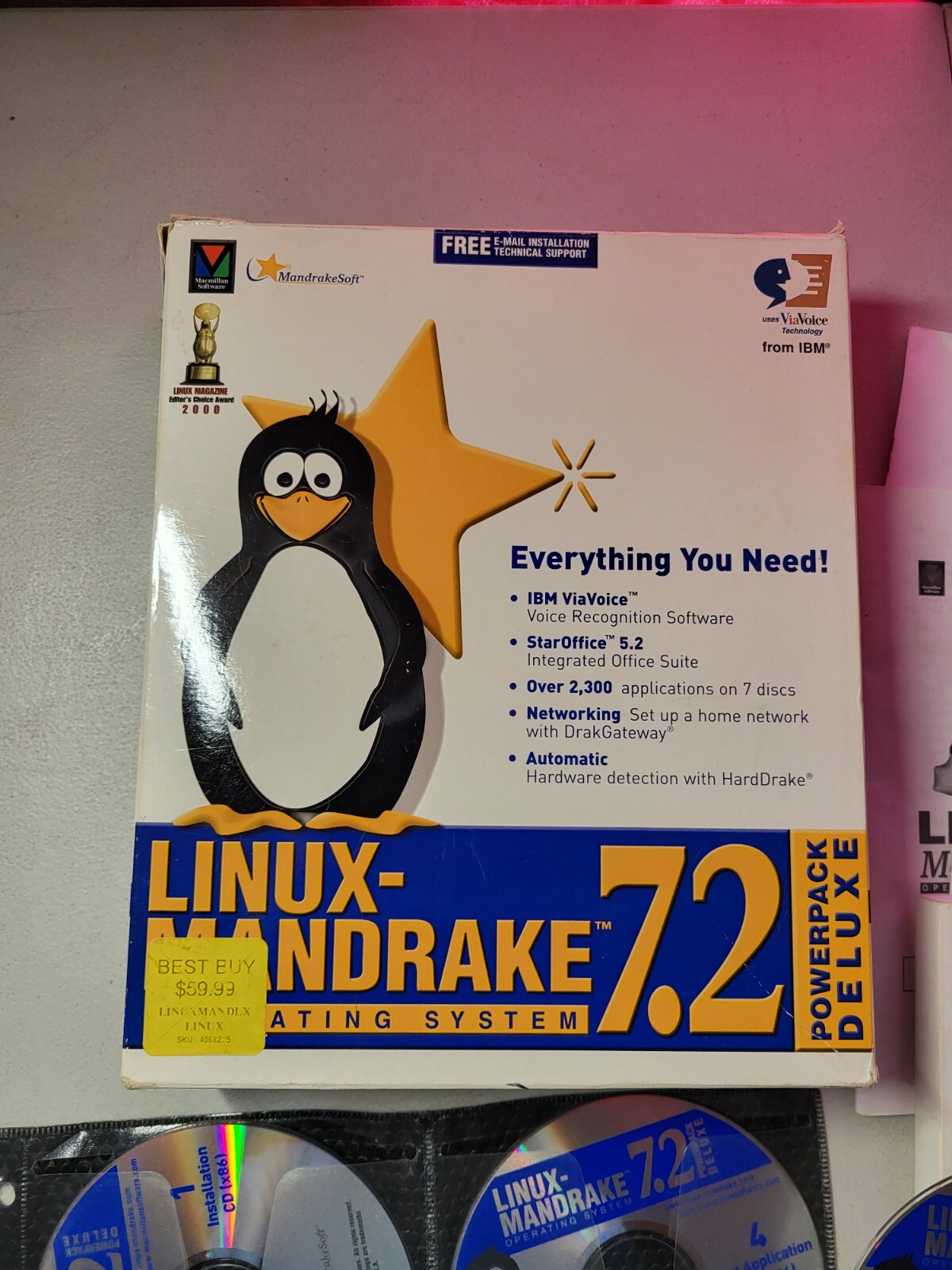 Linux Mandrake 7.2 Deluxe 2001 Operating System Software Big Box 7 CD’S Manuals