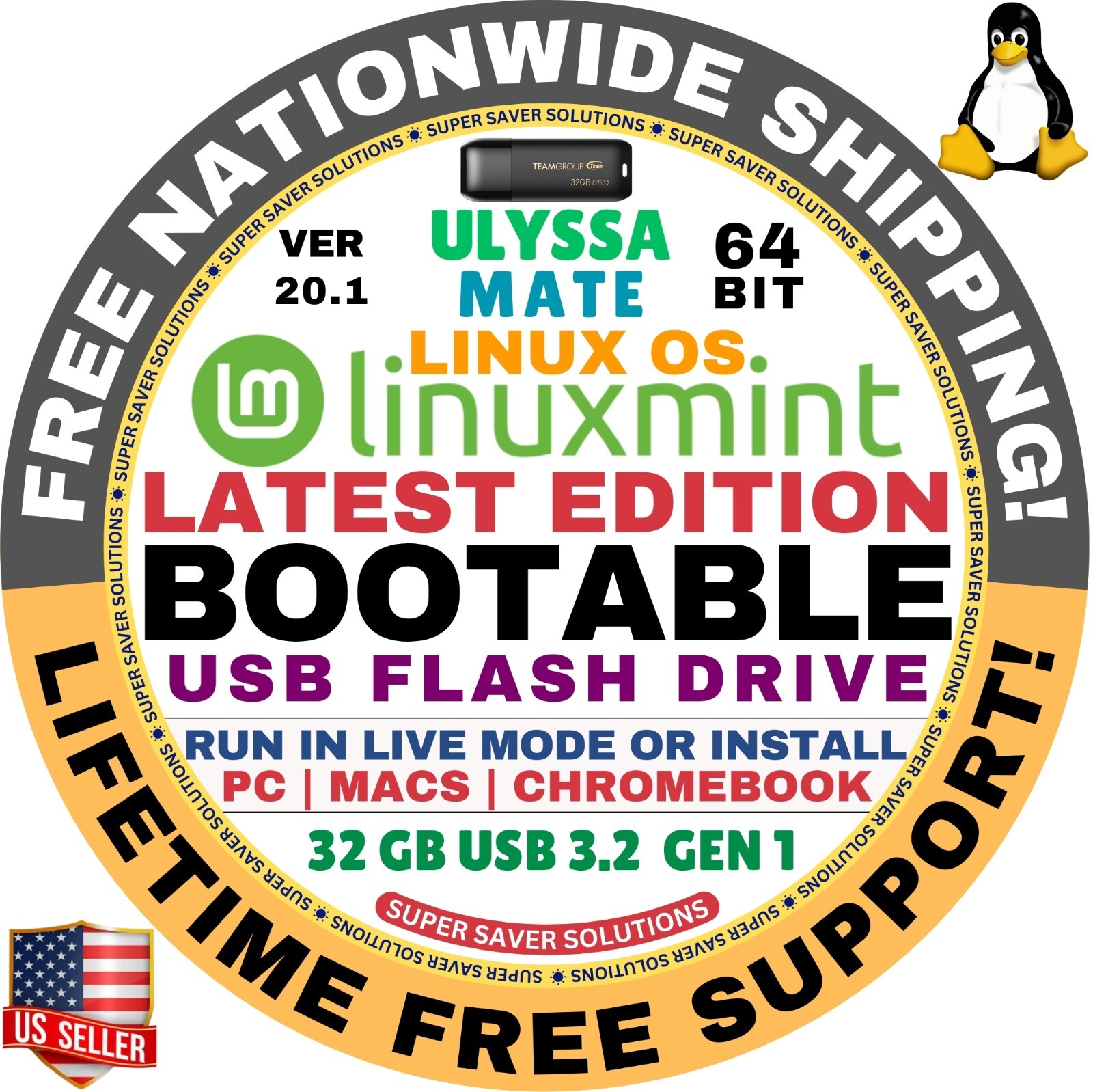 Linux MINT 20.1 USB Ulyssa Mate 64-Bit Live Boot, Full Install MAC, PC