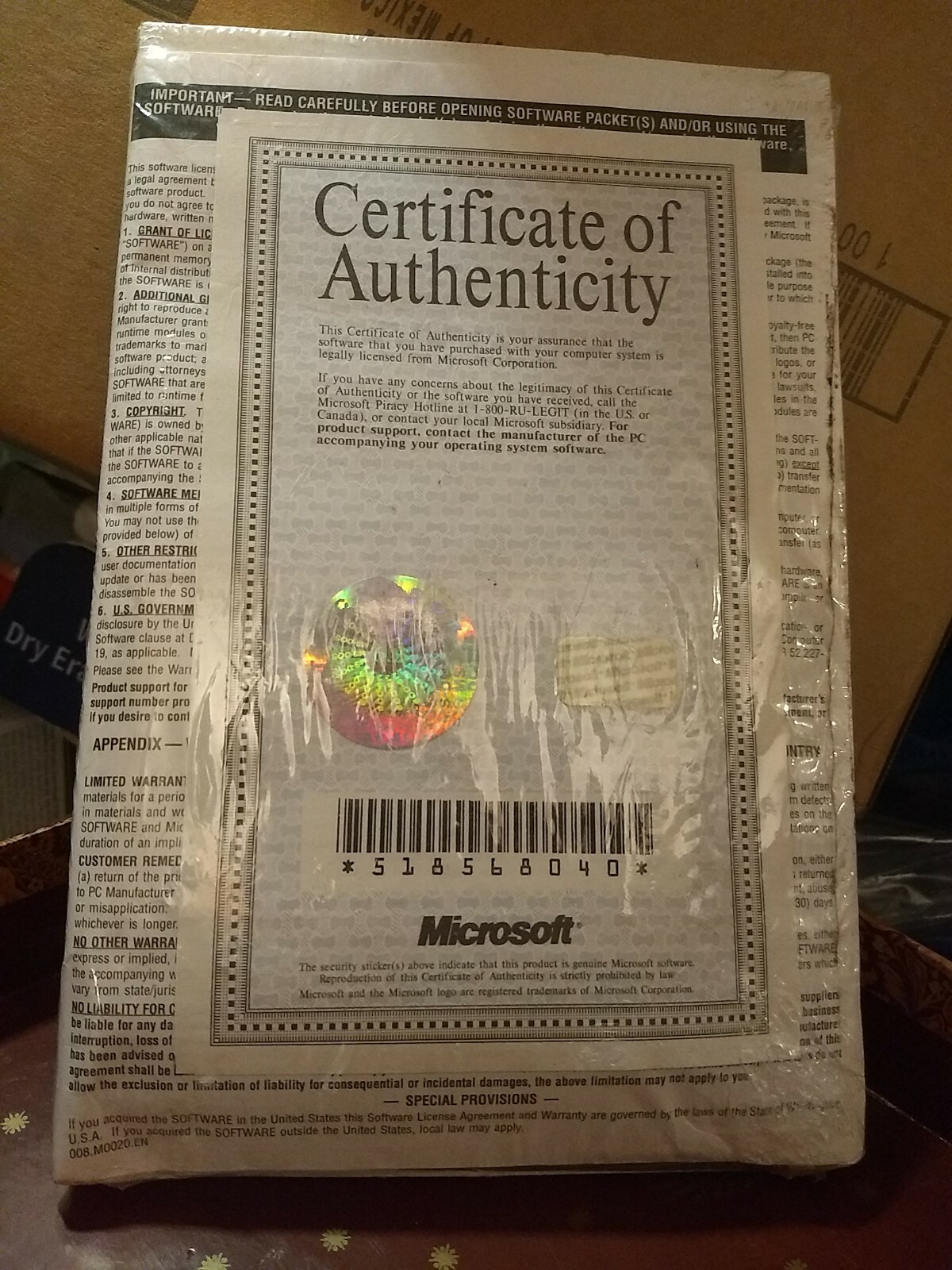 NEW Microsoft MS DOS 6.2 COA with Microsoft Hologram. Vintage.
