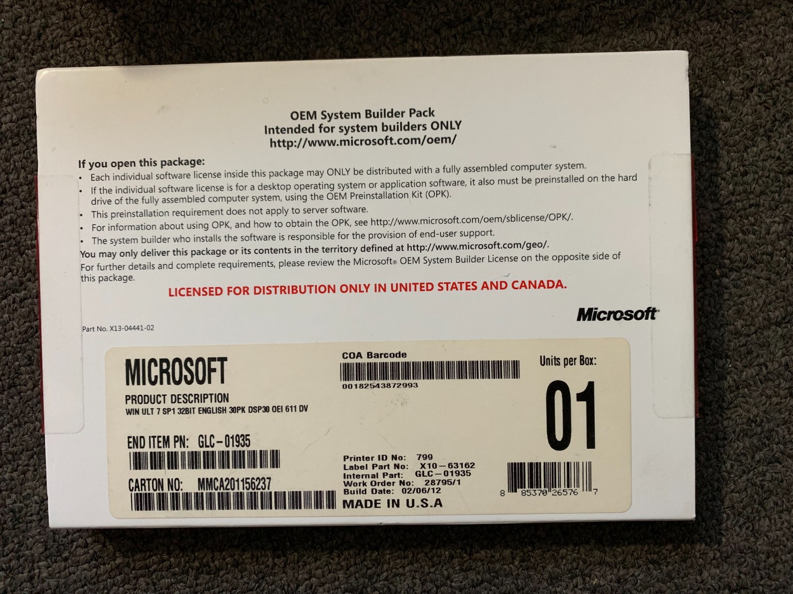 1 Microsoft Windows 7 ULT 7sp1 32 bit English 30pk dsp30 GLC 01935
