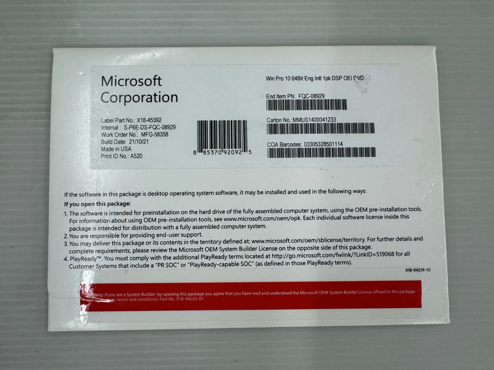 Microsoft Windows 10 Professional Printable Version for Windows (FQC-08929)