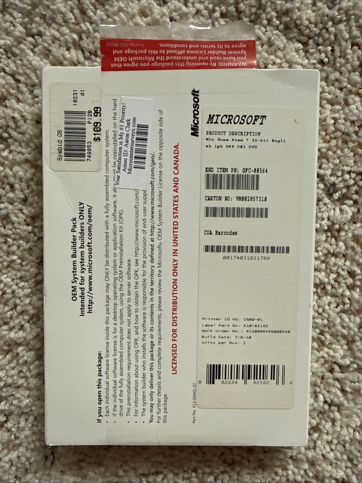 Windows 7 ~ Home Premium – 32 bit Full Version w/ Product Key – Used Once