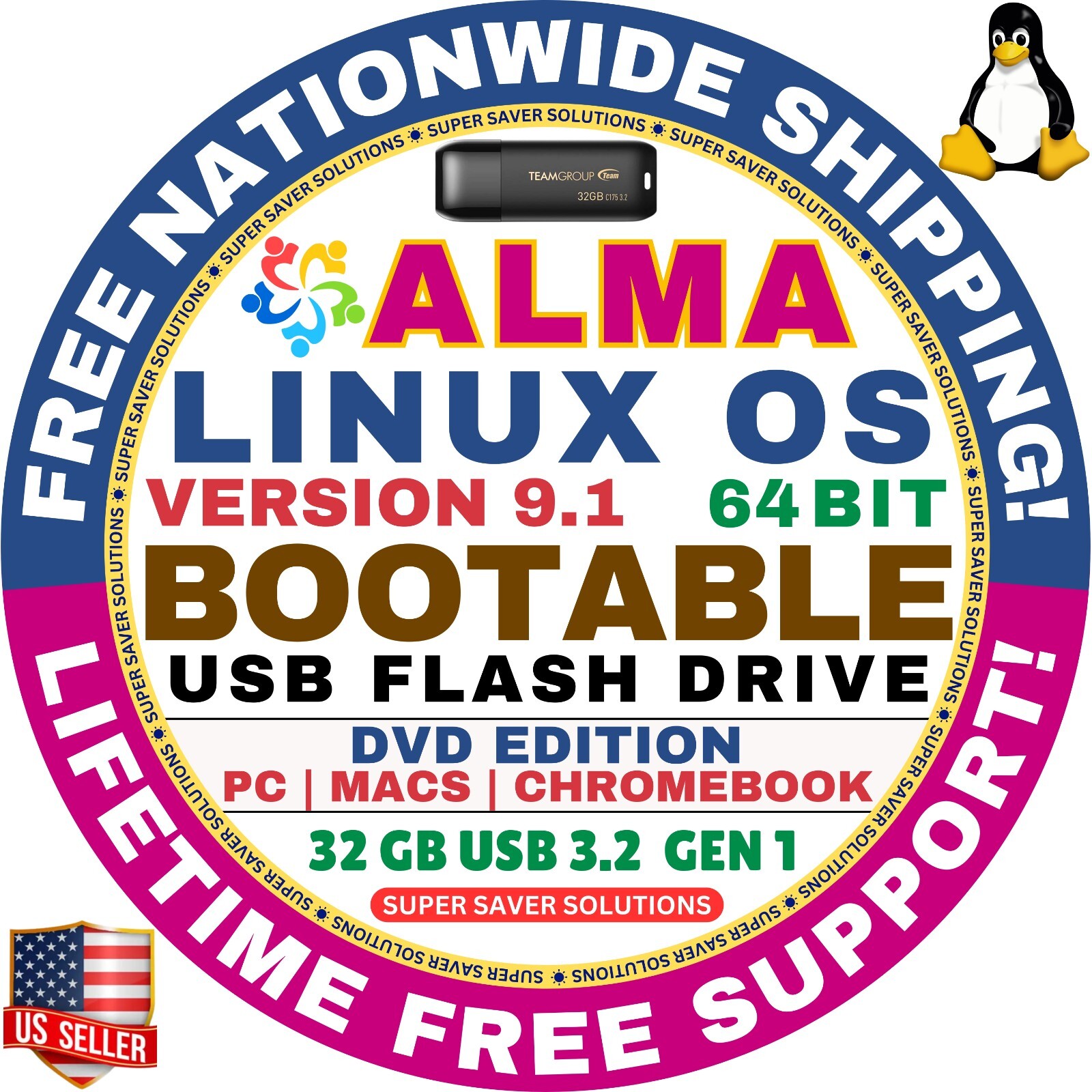 AlmaLinux 9.1 USB Flash Drive | DVD EDITION | AMD64 for MAC, PC Alma Linux