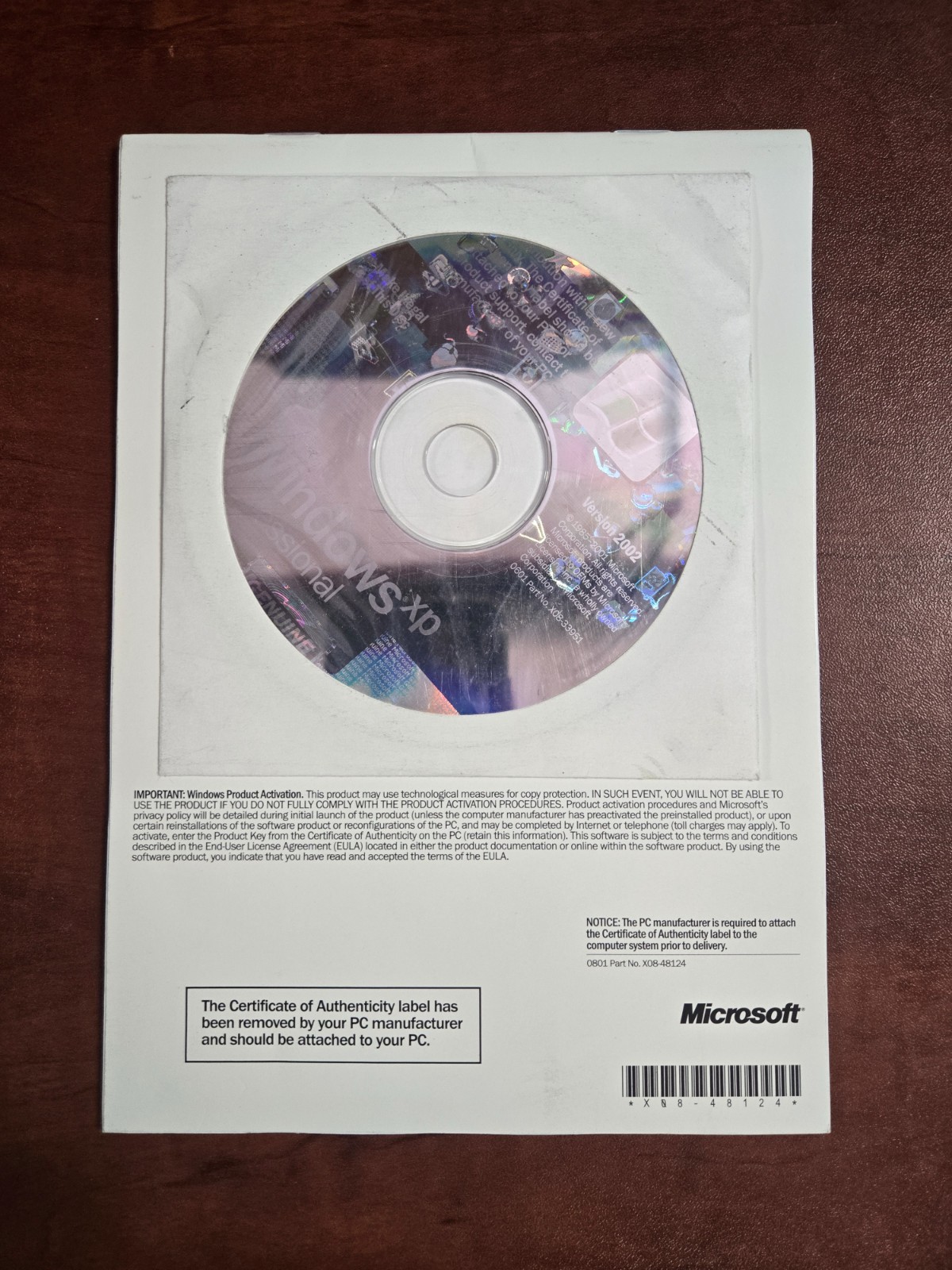 Microsoft Windows XP Professional CD Sealed NO PRODUCT KEY Version 2002 SP1
