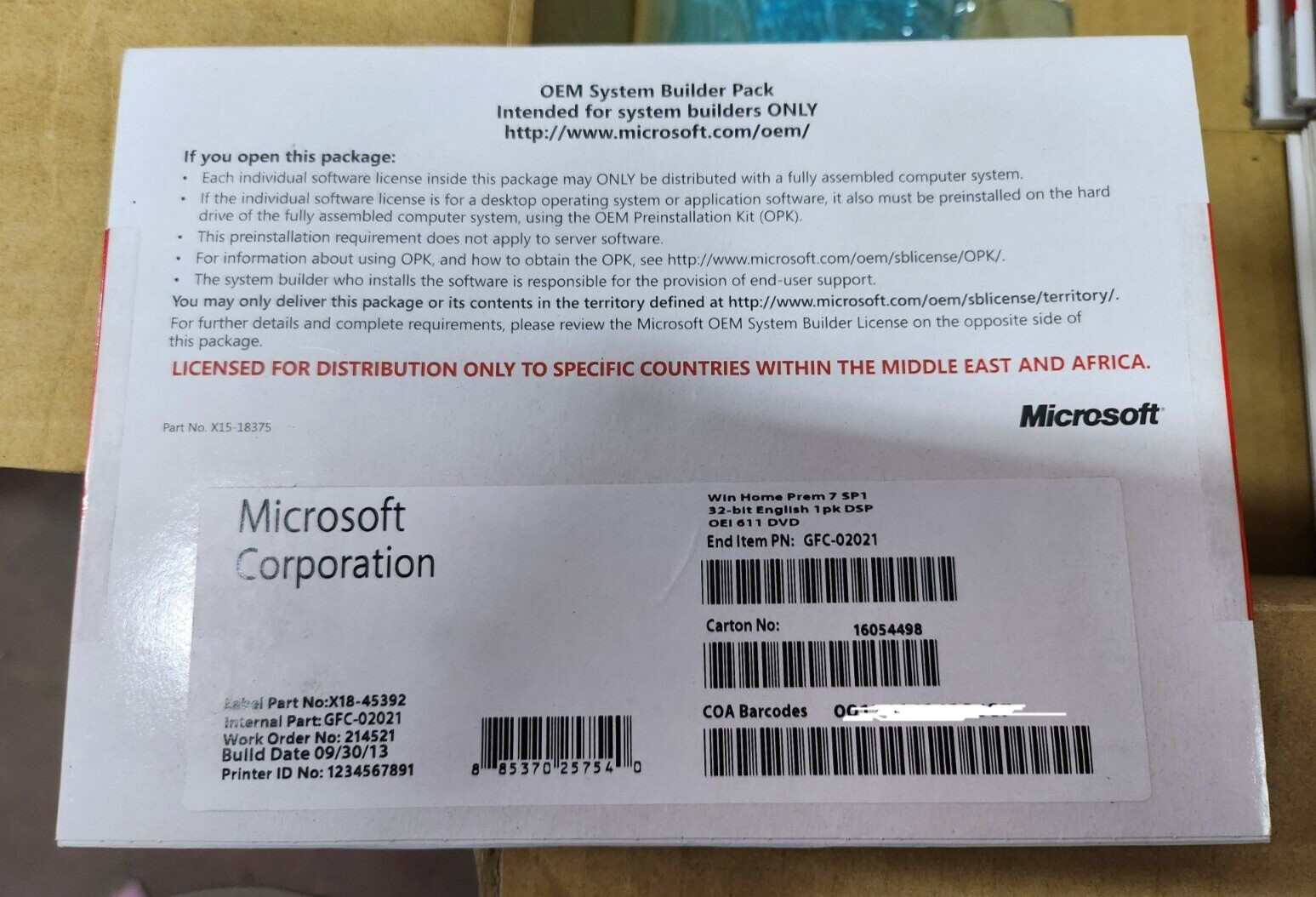 Microsoft Windows Home Prem 7 32-Bit English 1PK DSP OEI 611 DVD with SP1 – NEW!