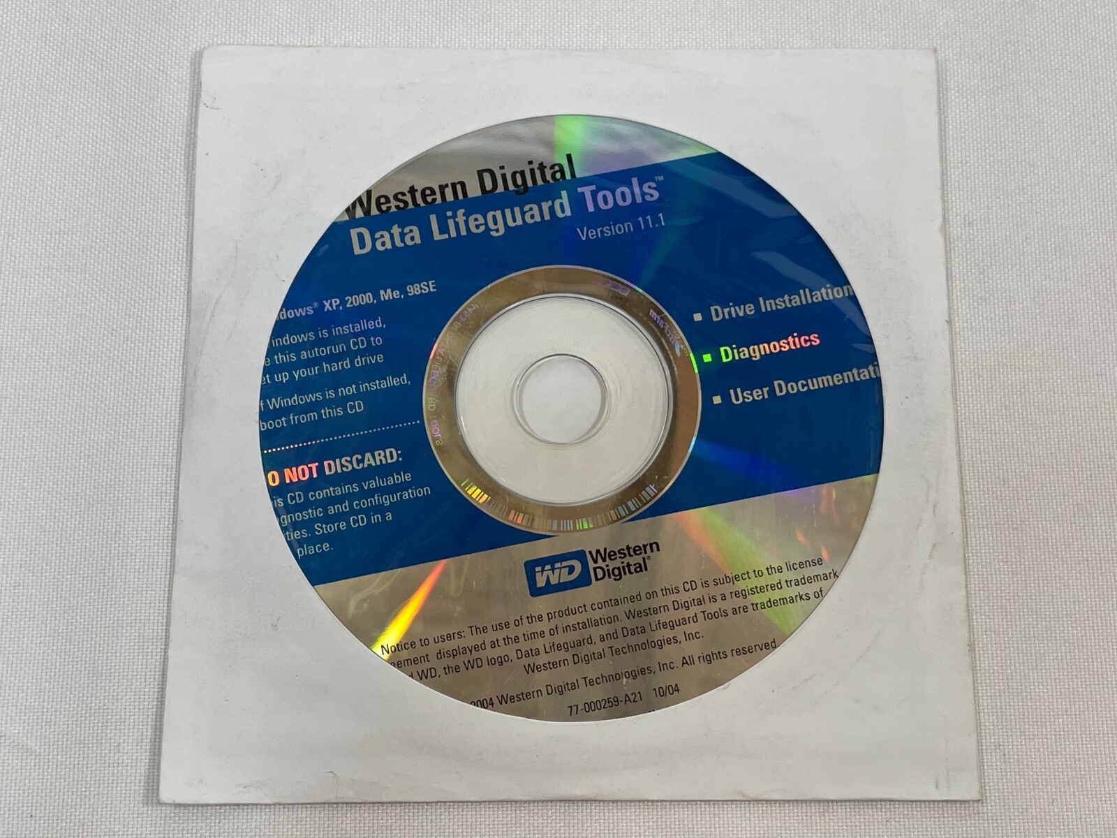 WESTERN DIGITAL DATA LIFEGUARD TOOLS 2004 VER. 11.1 FOR WINDOWS XP,2000,ME,98SE