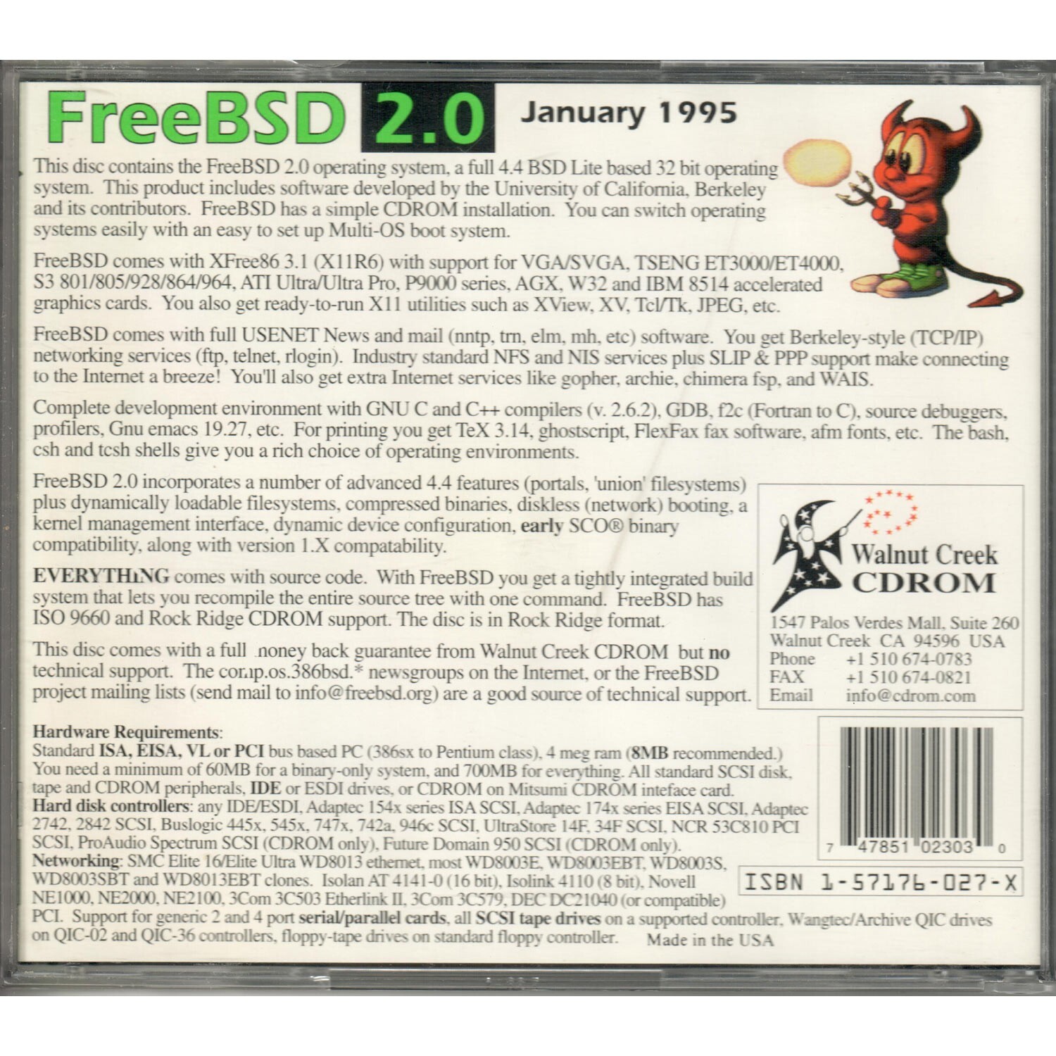 FreeBSD 2.0 Walnut Creek CDROM January 1994 UNIX OS Operating System Vintage CD