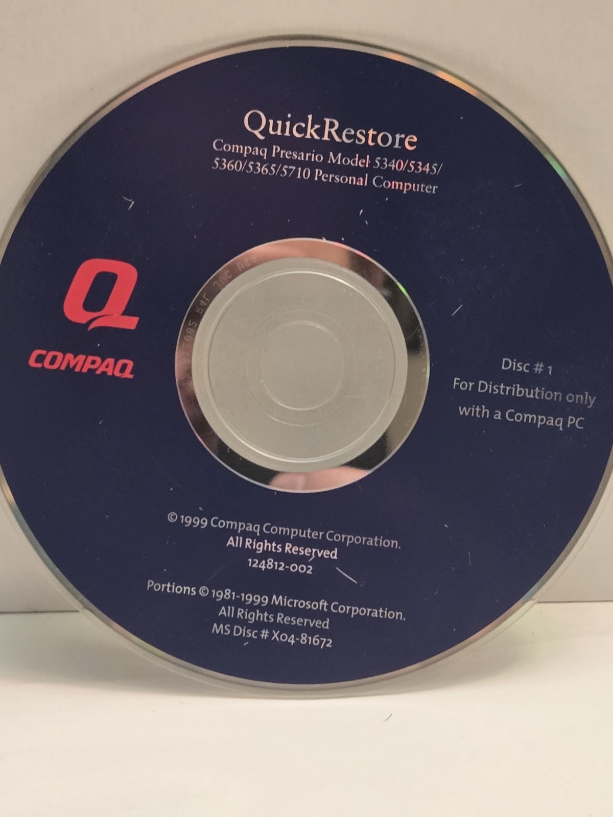 Compaq Presario Quick Restore Disc #1 (2000) Pre-Owned PC Computer CD-ROM
