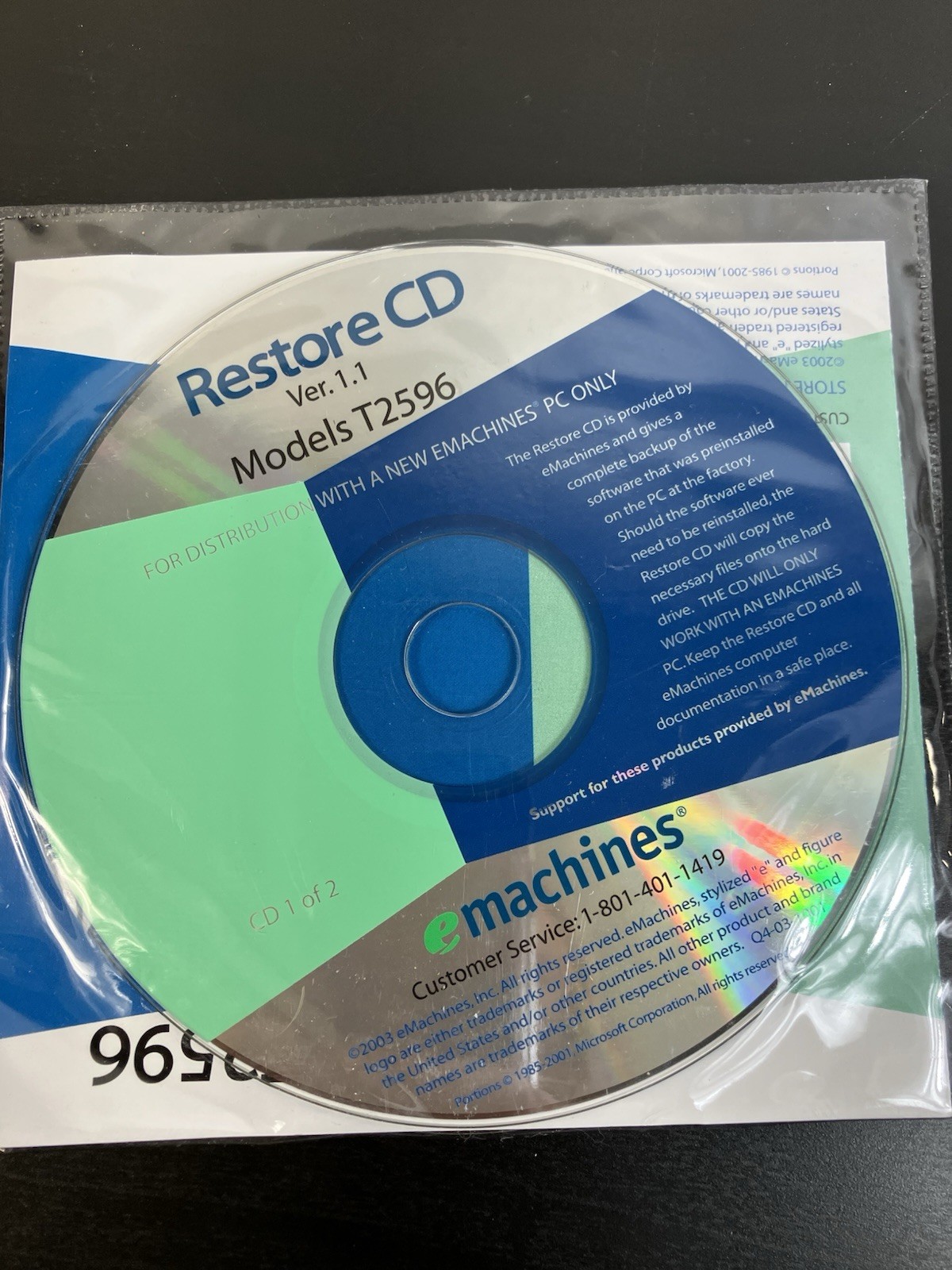 eMachines Restore CD Version 1.1 Models T2596 – 2 Disc Set for Desktop PC