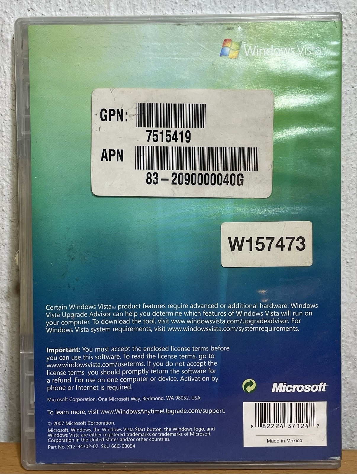 Microsoft Windows Vista Anytime Upgrade Disc 32 bit English DVD Software
