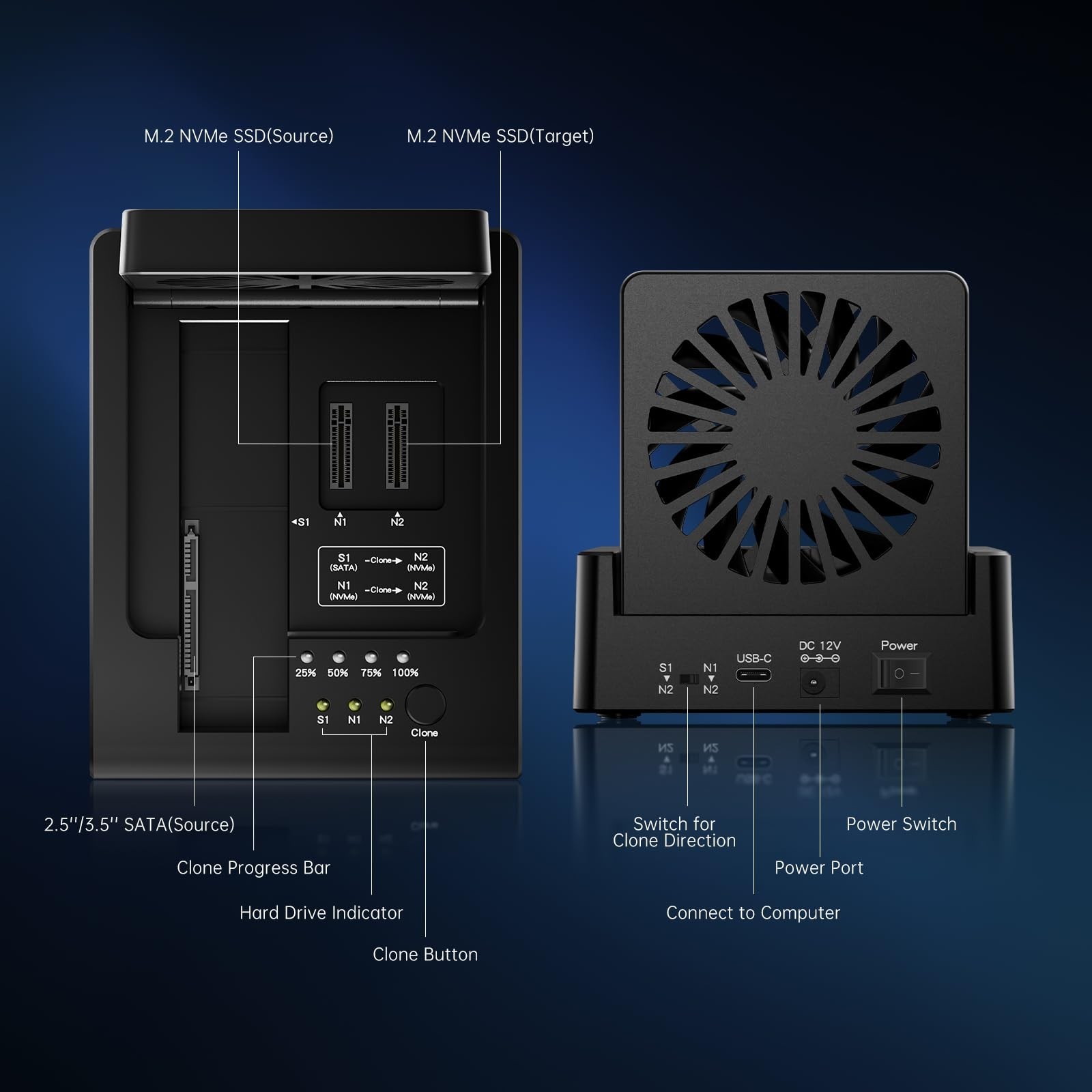 FIDECO M.2 NVMe SSD Cloner and Duplicator, 3-Bay Hard Drive Cloner Dock for M…