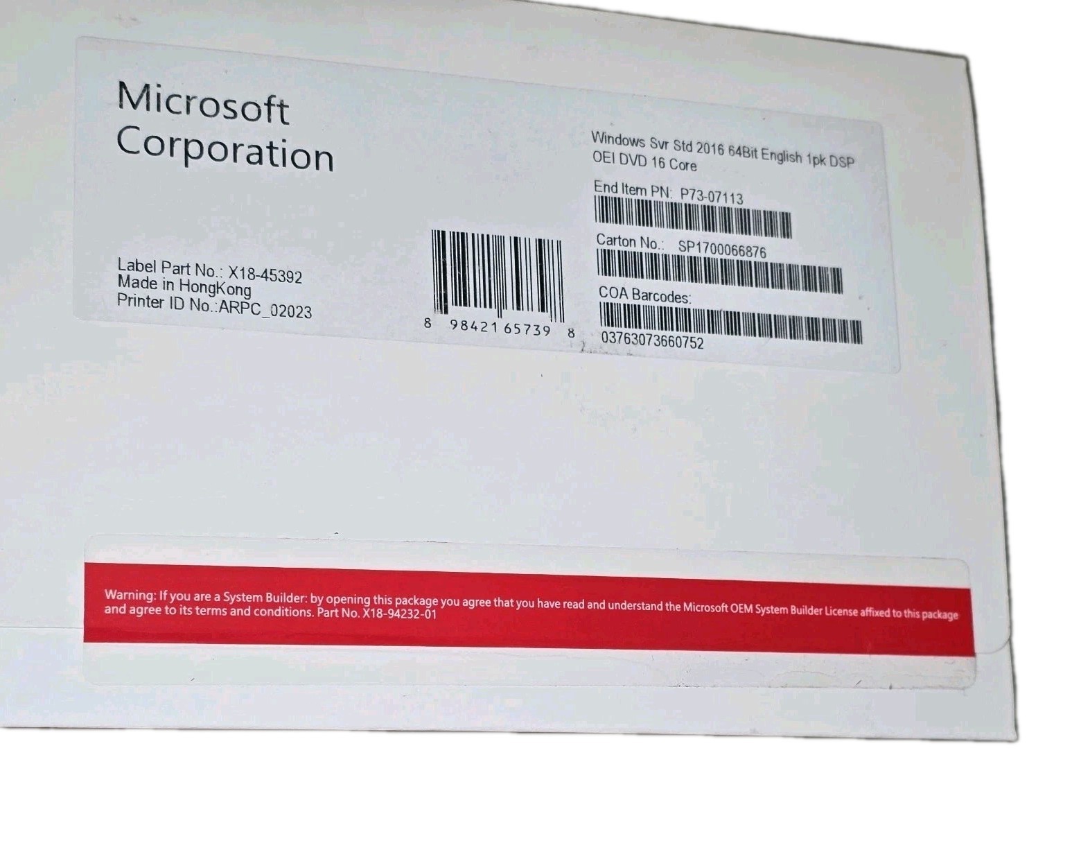 Microsoft Windows Server Standard 2016 64-bit DVD – P7307113 – 16 CORE BASE OEM