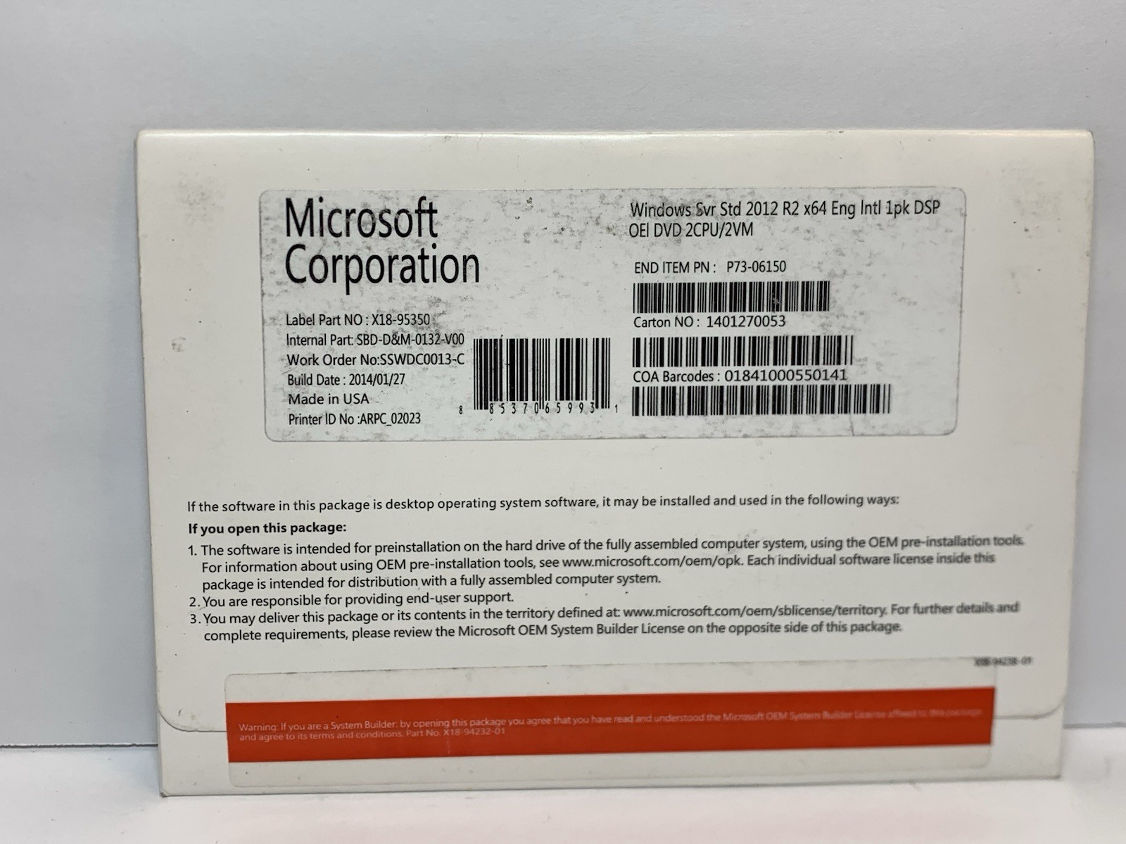 Microsoft Windows Svr Std 2012 R2 x64 English 1pk ~ New & Sealed