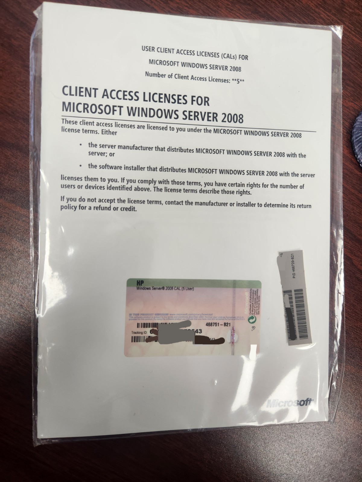 Windows Server 2008 5 User CAL License 468751-B21 R18-02503 Client Access Key