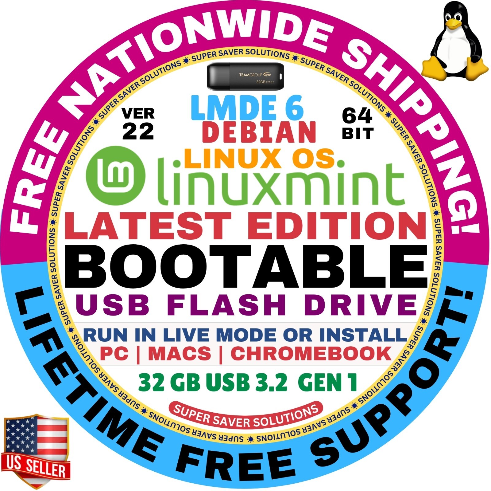 Linux MINT 22 USB FAYE LMDE-6, 64-Bit, Live Boot, Full Install for MAC, PC
