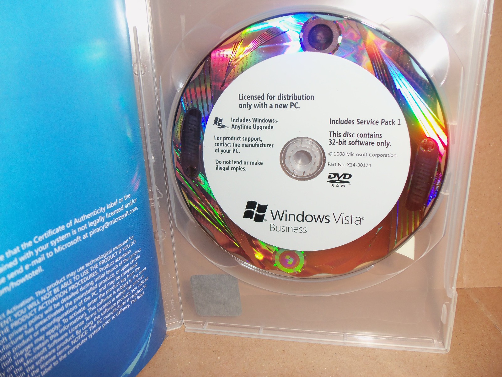 Windows Vista Business DVD with Service Pack 1 32-bit Software NO PRODUCT KEY