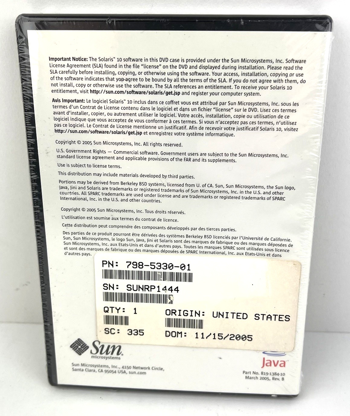Sun Solaris 10 Operating System 3/05 SOFTWARE – DVD-Rom NEW Factory Sealed