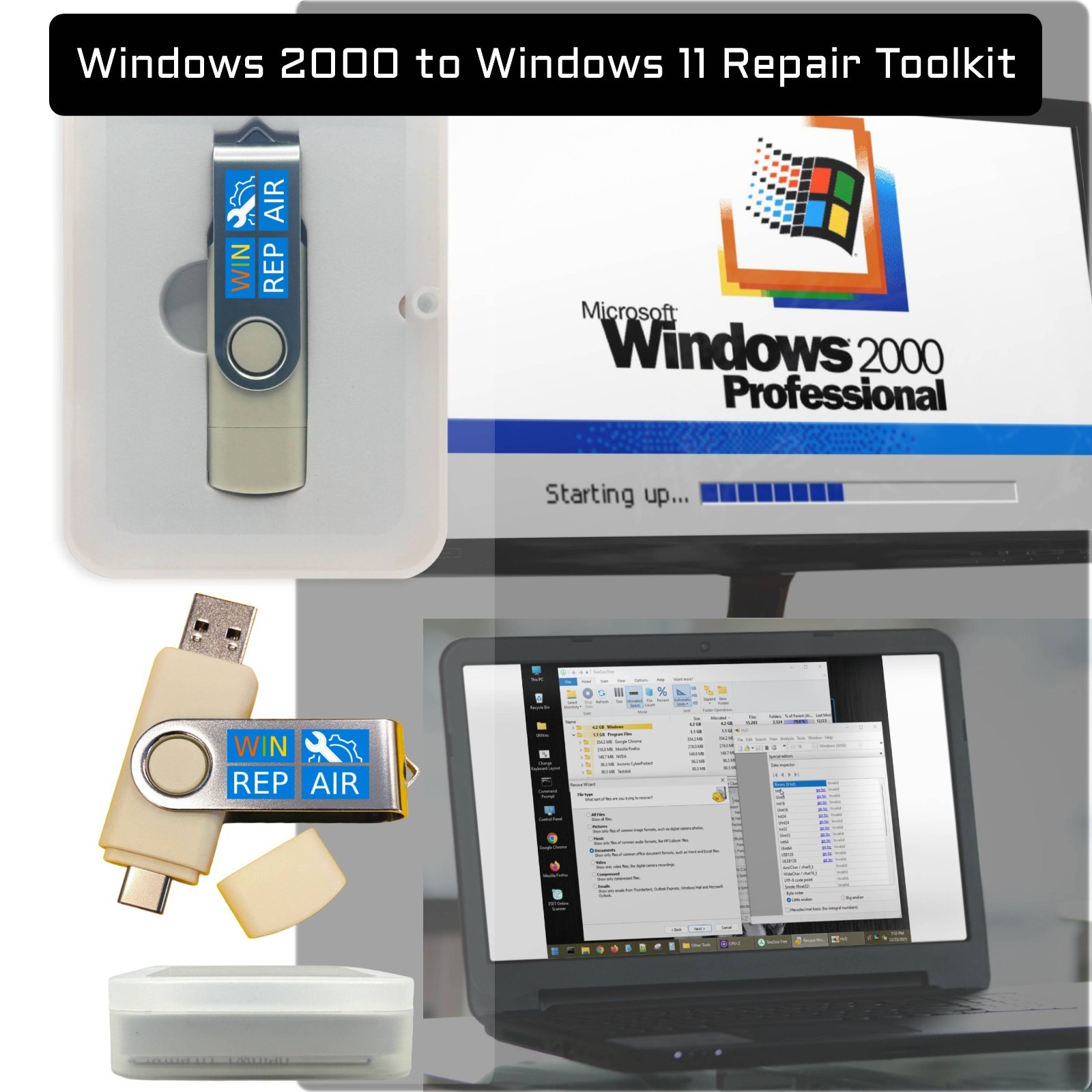 Windows 2000-11 13-in-1 Repair Recovery Bootable USB Toolkit 64GB