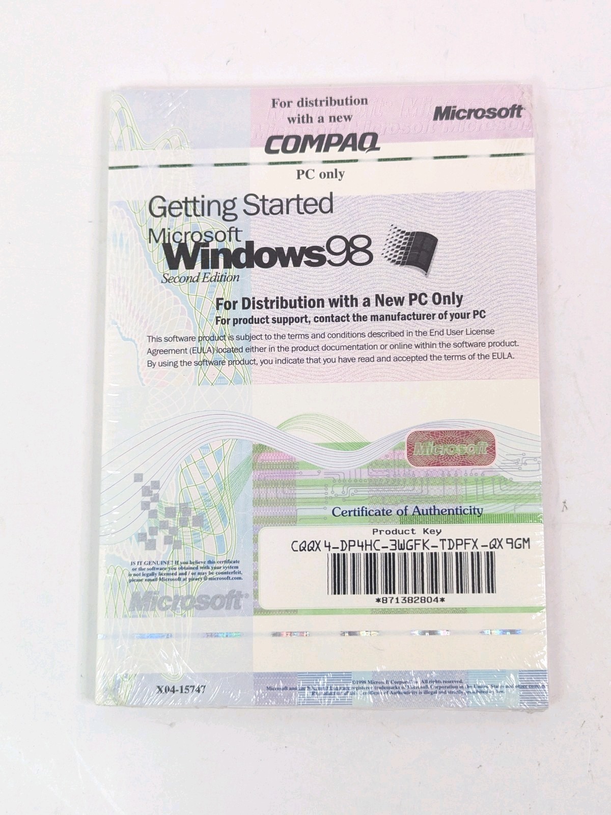 Microsoft Windows 98 Getting Started Manual Certificate Product Key Sealed No CD