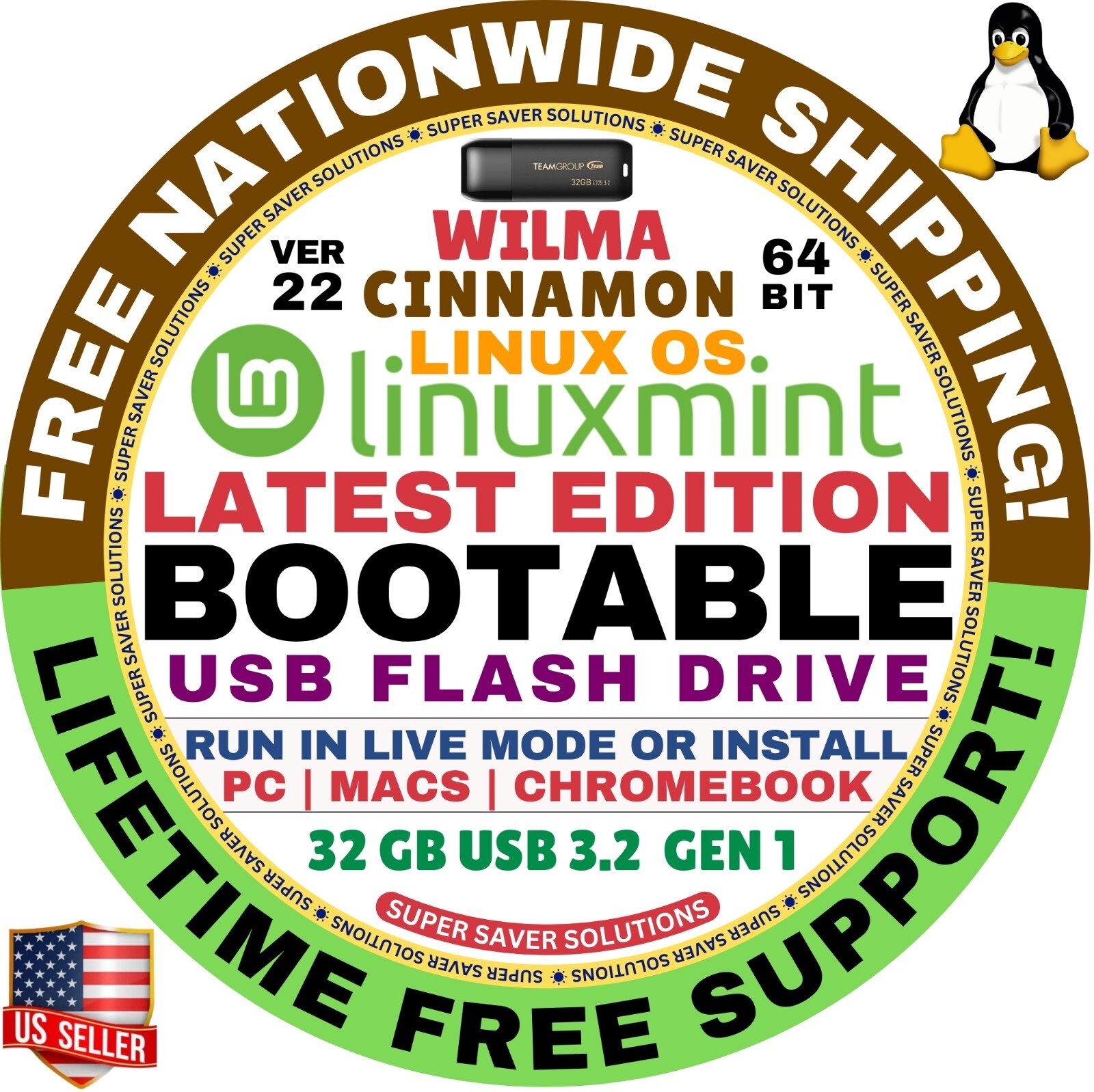 Linux Mint 22 Wilma Cinnamon 64Bit 32GB USB 3 Linux Bootable Live Install Mac/PC