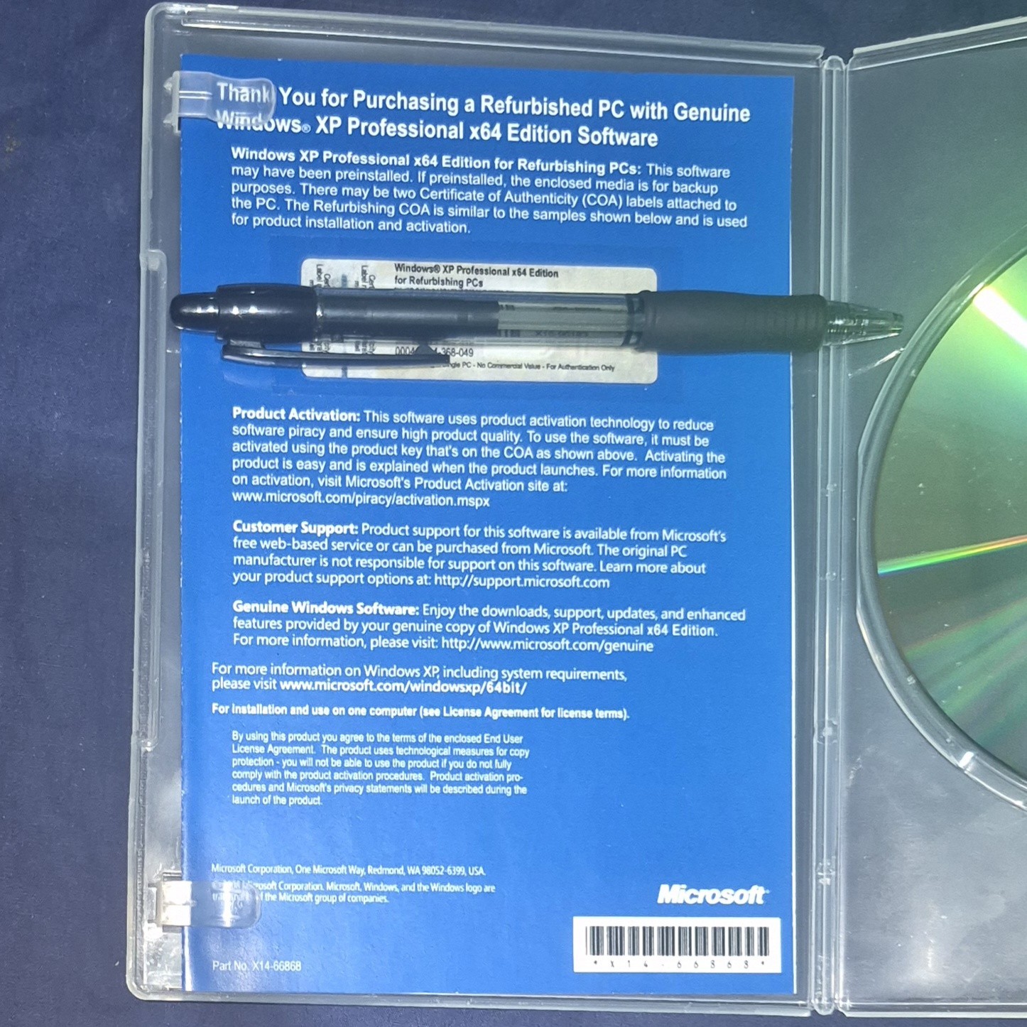 NEW Windows XP Professional x64 Edition 64-bit SP2 CD Disc & Product Key on COA