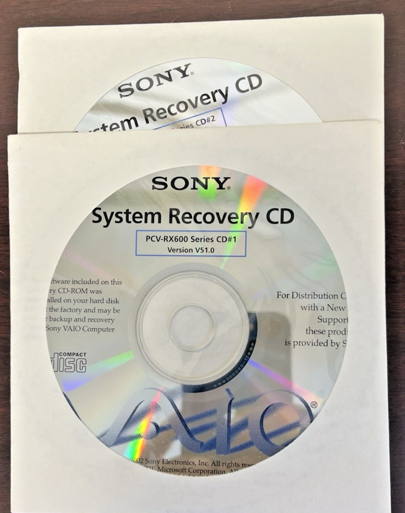 Sony VAIO Recovery CD – Driver/System/Application – PCV‑RX/K Series OEM
