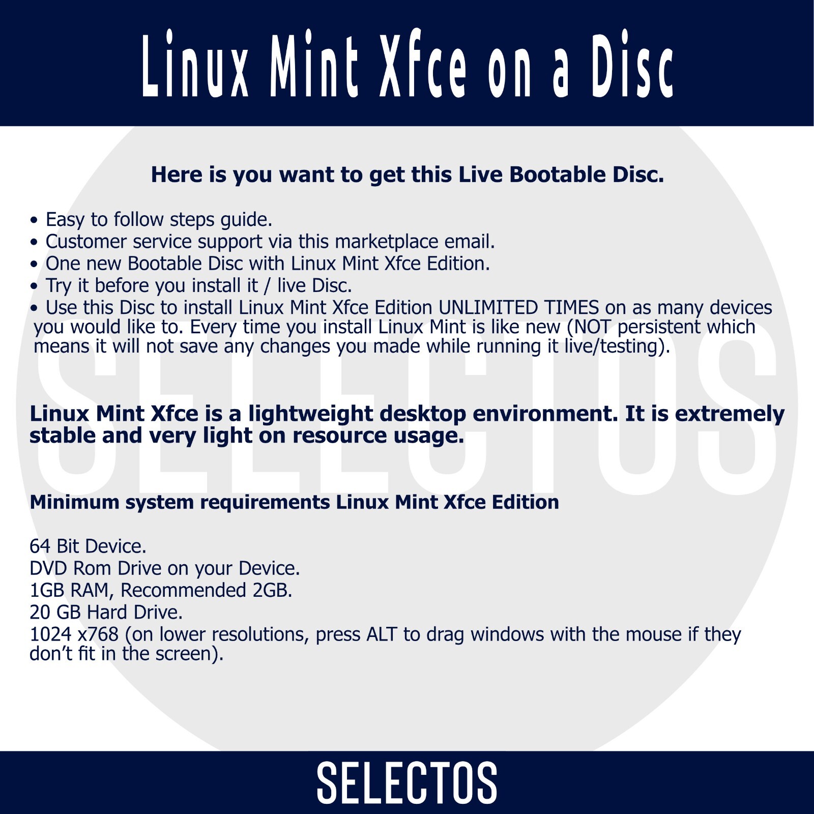 Linux Mint 21.2 Victoria Xfce CD Edition Live Bootable DISC Linux OS x86 64bit
