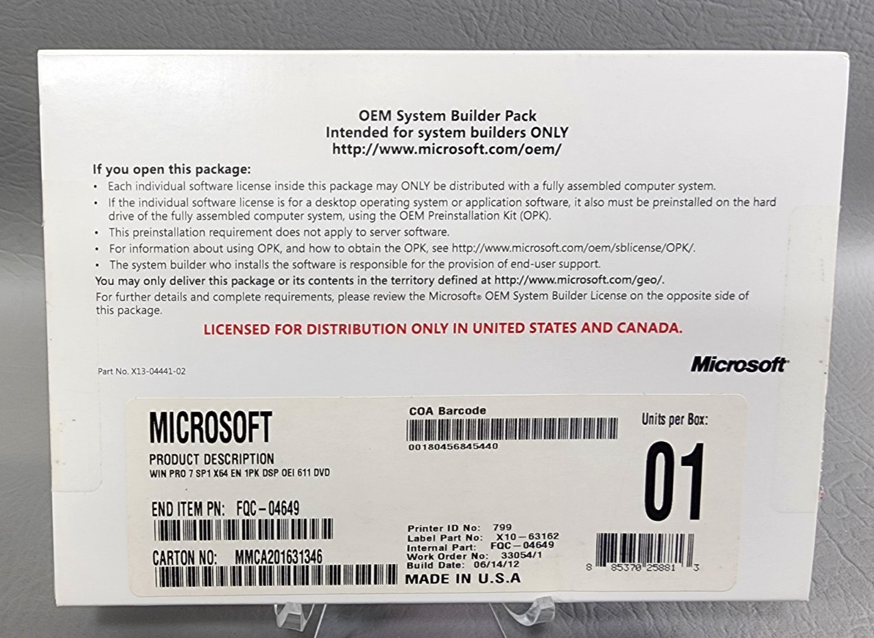 Microsoft Windows Pro 7 SP1 64-bit 1pk DSP OEI 611 DVD | NEW Old Stock