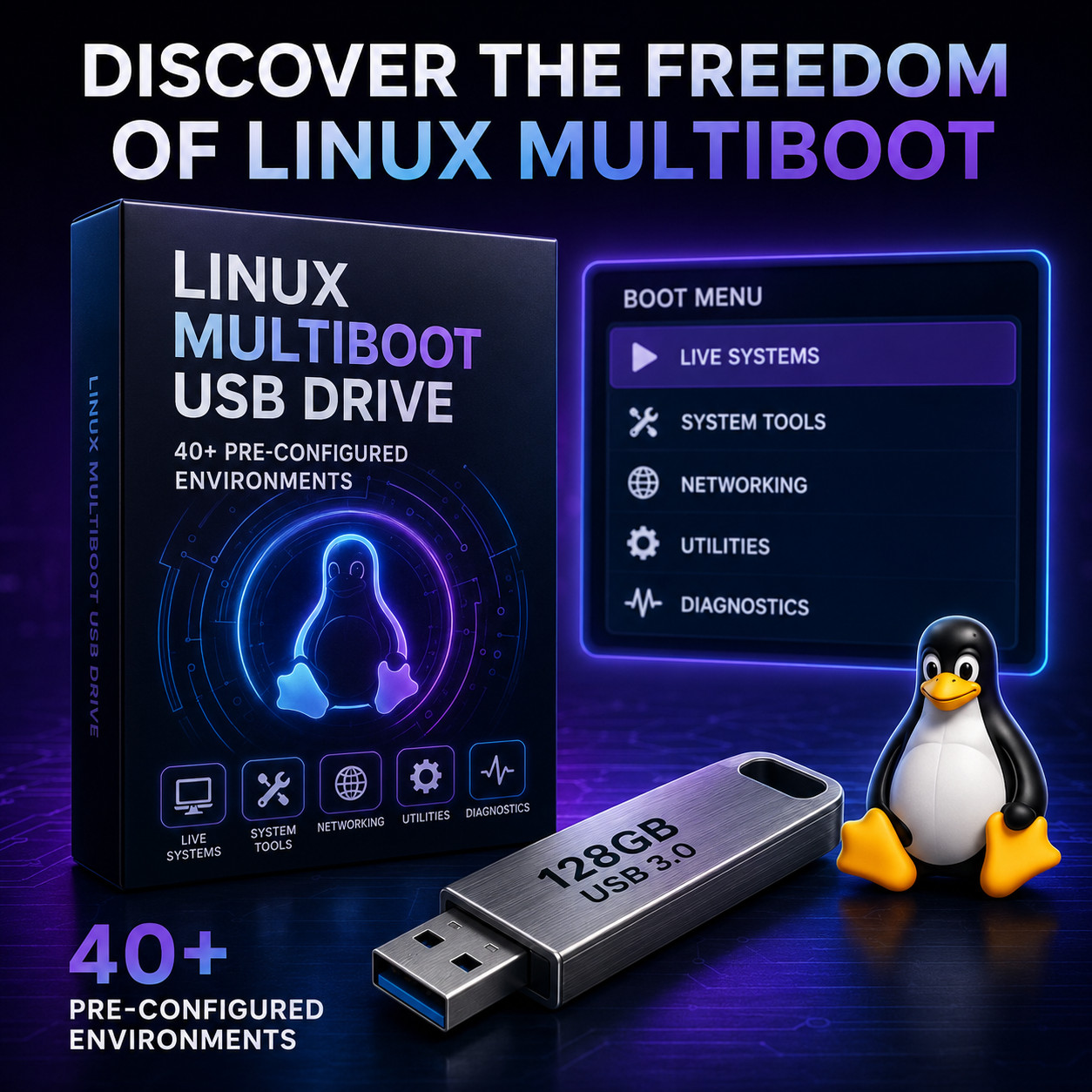 40+ Linux Environments on 128GB USB 3.0 – Multiboot Live & Install
