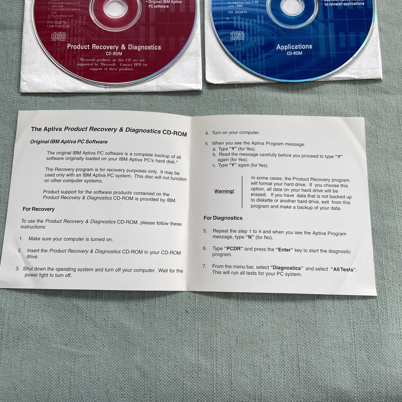 IBM Aptiva PC Computer Software CD Product Recovery Diagnostics Applications 98