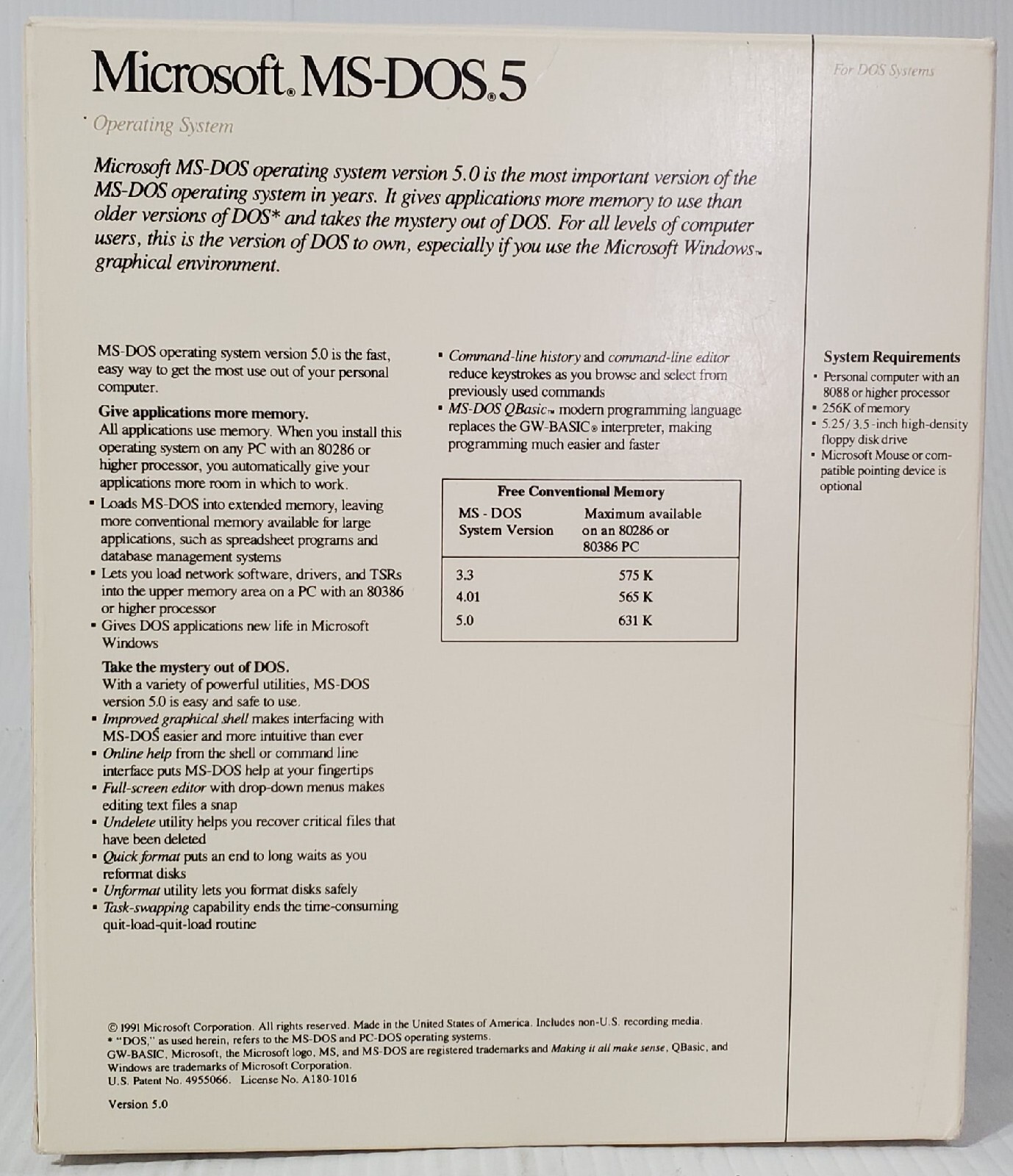 Original Microsoft MS-DOS 5.0 Operating System Version 5 on 5.25″