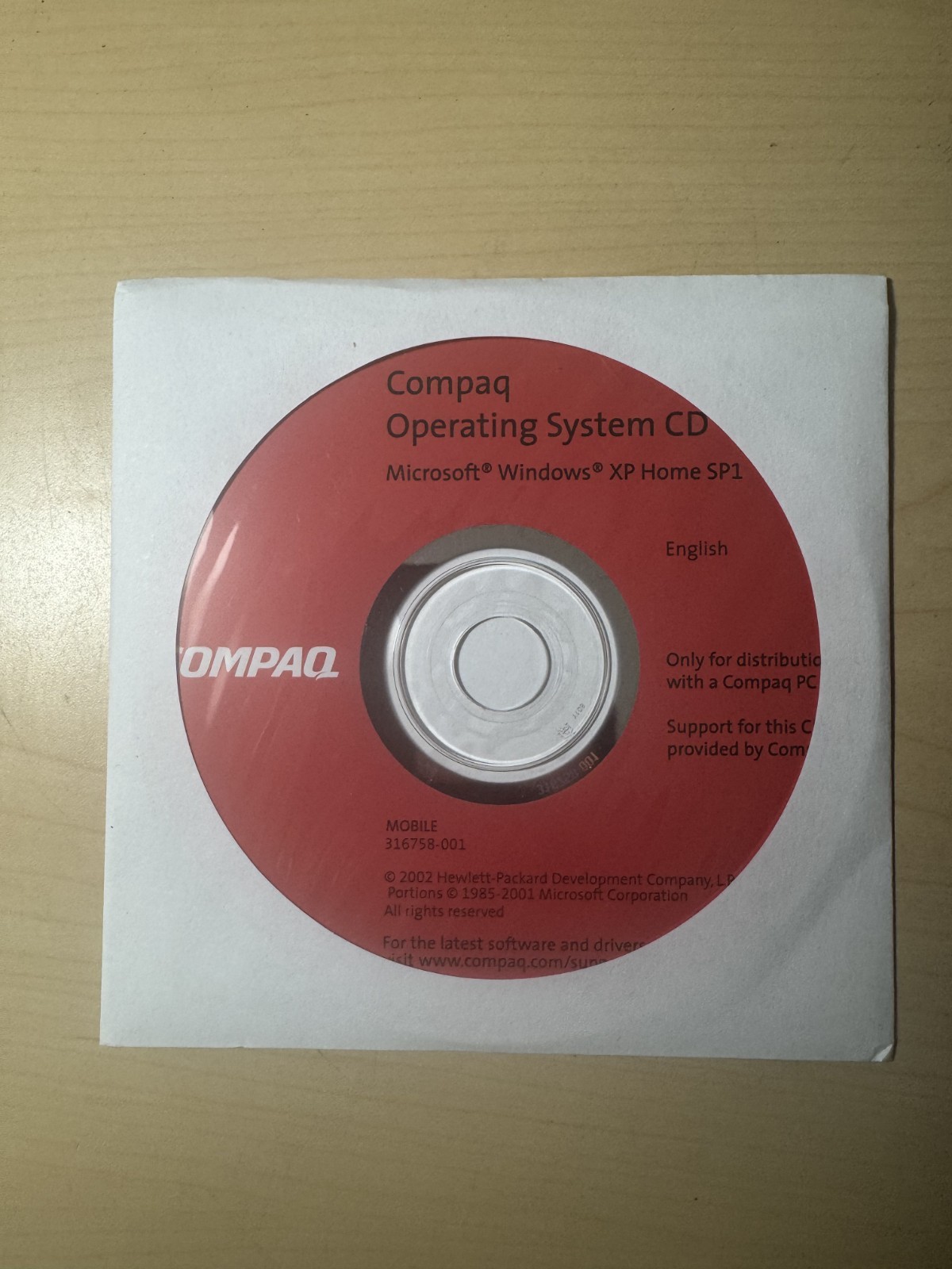 Operating System CD Microsoft Windows XP Home SP1 316758-001