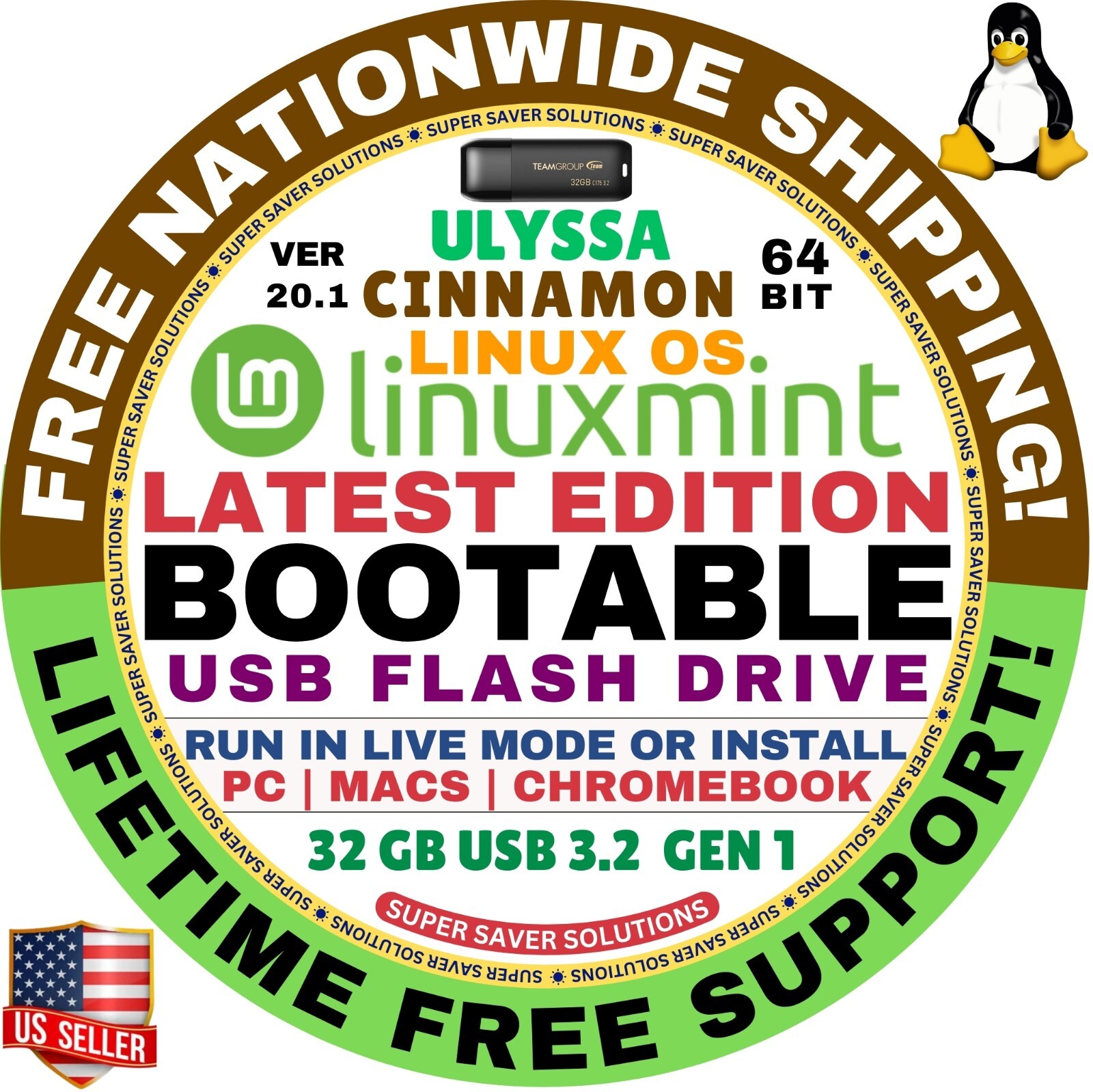 Linux MINT 20.1 USB Ulyssa Cinnamon 64-Bit Live Boot, Full Install MAC, PC